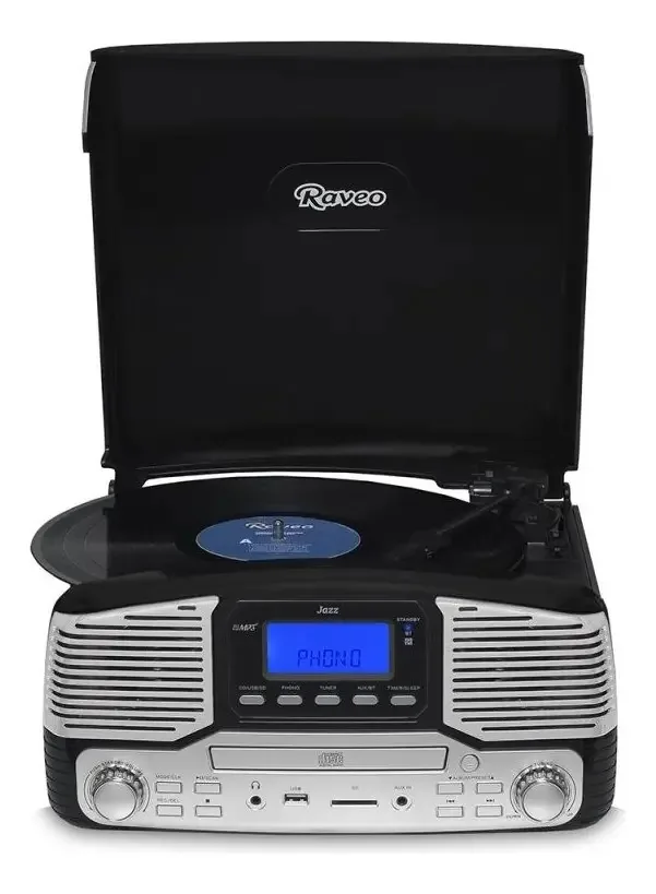 Toca Discos Raveo Jazz Preto Bluetooth Usb E Sd Fm Cd Playe