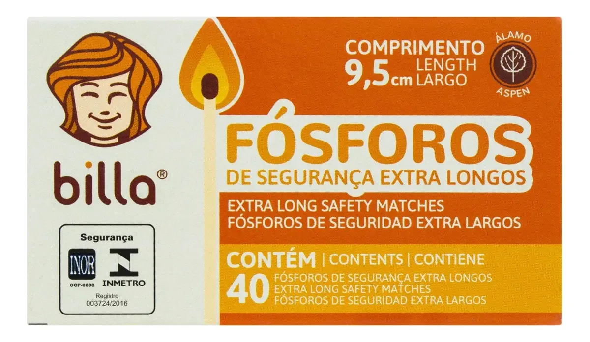Fósforo De Segurança Extra Longo Billa 9,5cm 40 Unidades