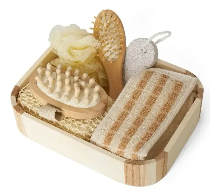Kit Banho Spa Madeira Relaxante Massagem Revigora Esfoliação Cor Marrom