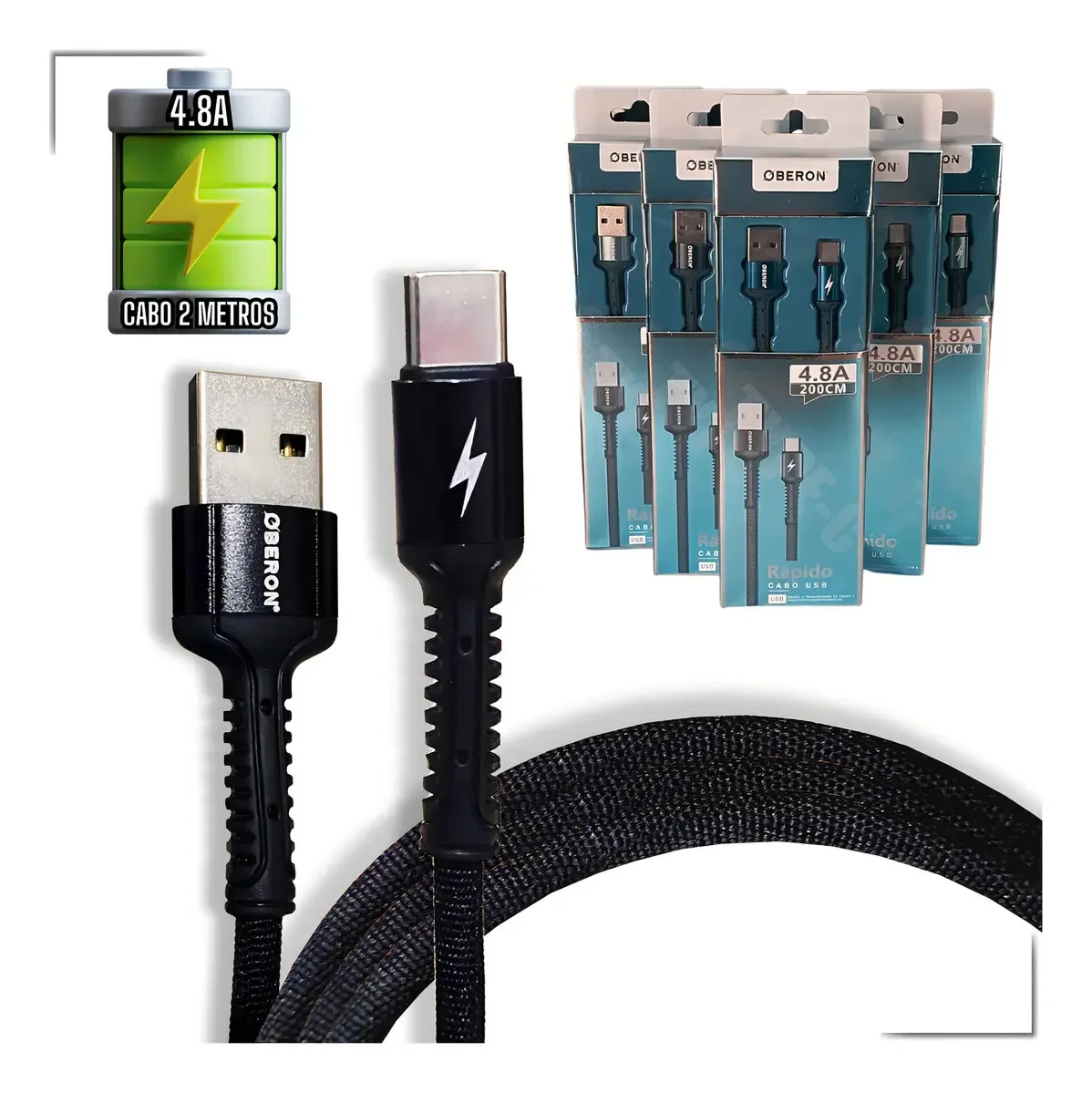Kit 2 Cabos Oberon USB Tipo C 4.8A 2 Metros Carregamento Rápido