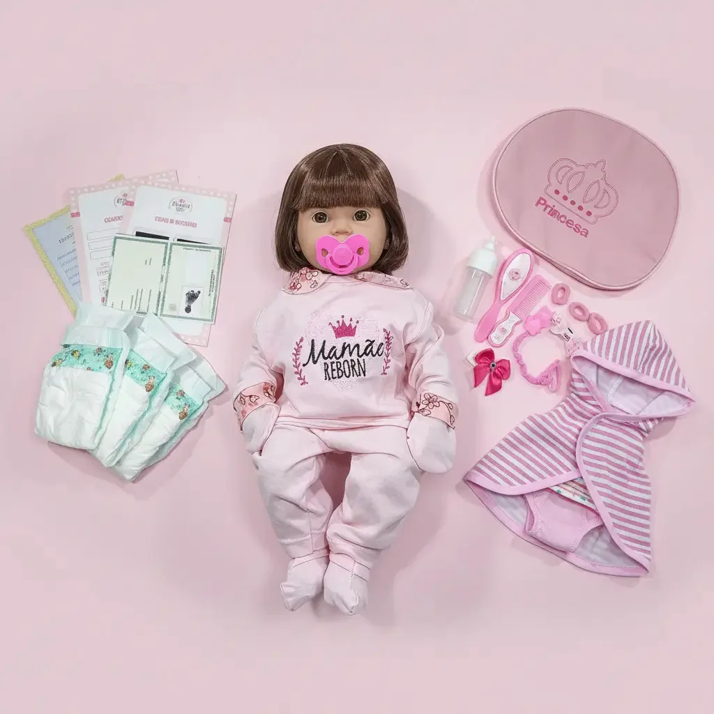 Kit Boneca Bebê Reborn 45cm Vinil + 28 Acessórios Princesa Mamãe Reborn