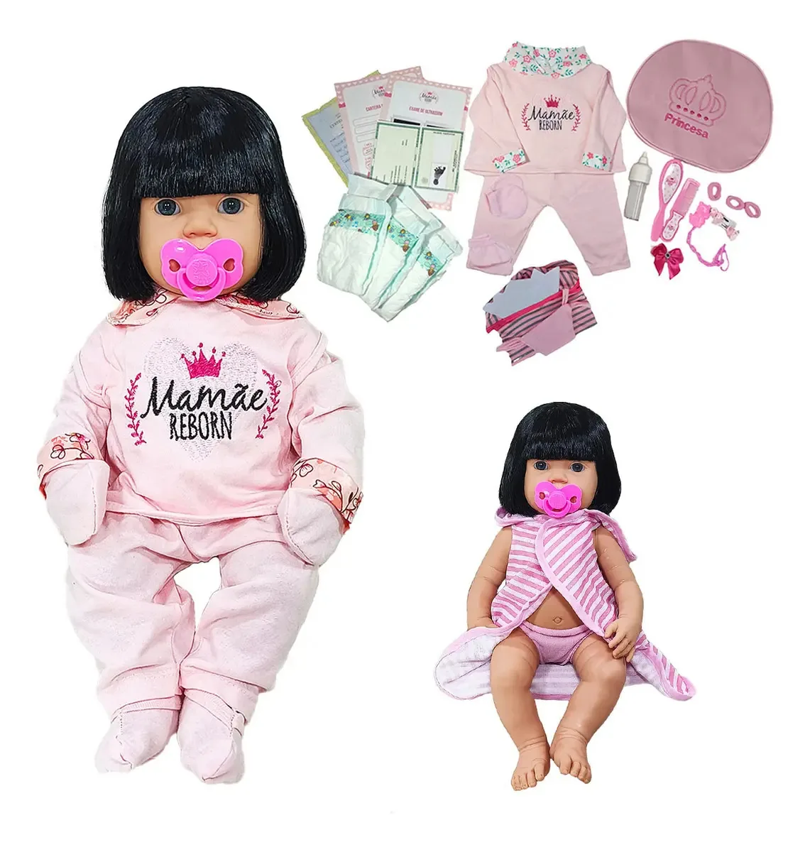 Boneca Bebé Reborn Pagano Tipo Cabelo Preto 28 Acessórios Mamãe Reborn