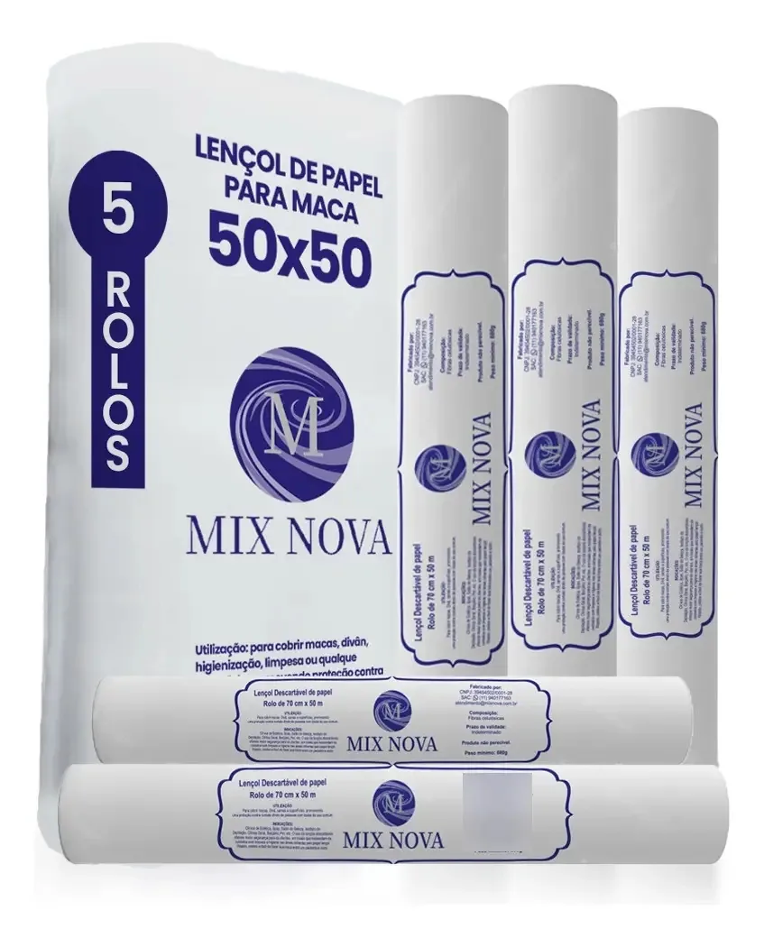 Lençol Descartável Papel Hospitalar Maca 50x50mt - 05 Rolos