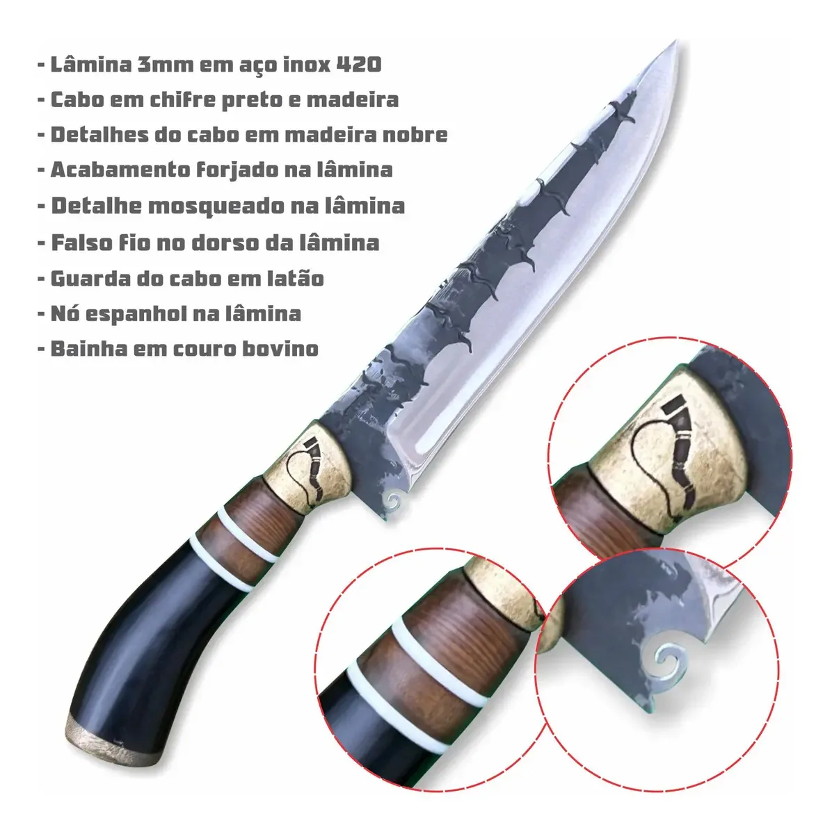 Faca Churrasco 8p Inox 3mm Forjada Chifre Preto Com Guarda