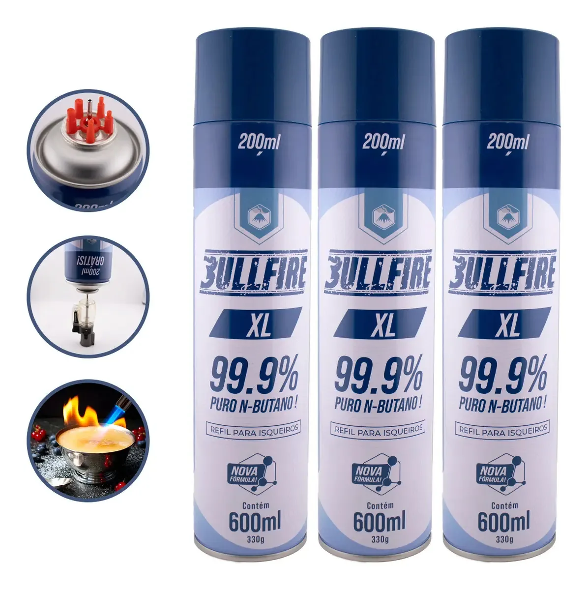 Kit 3 Refil Gás Butano Bullfire 600ml Isqueiro Maçarico Grande