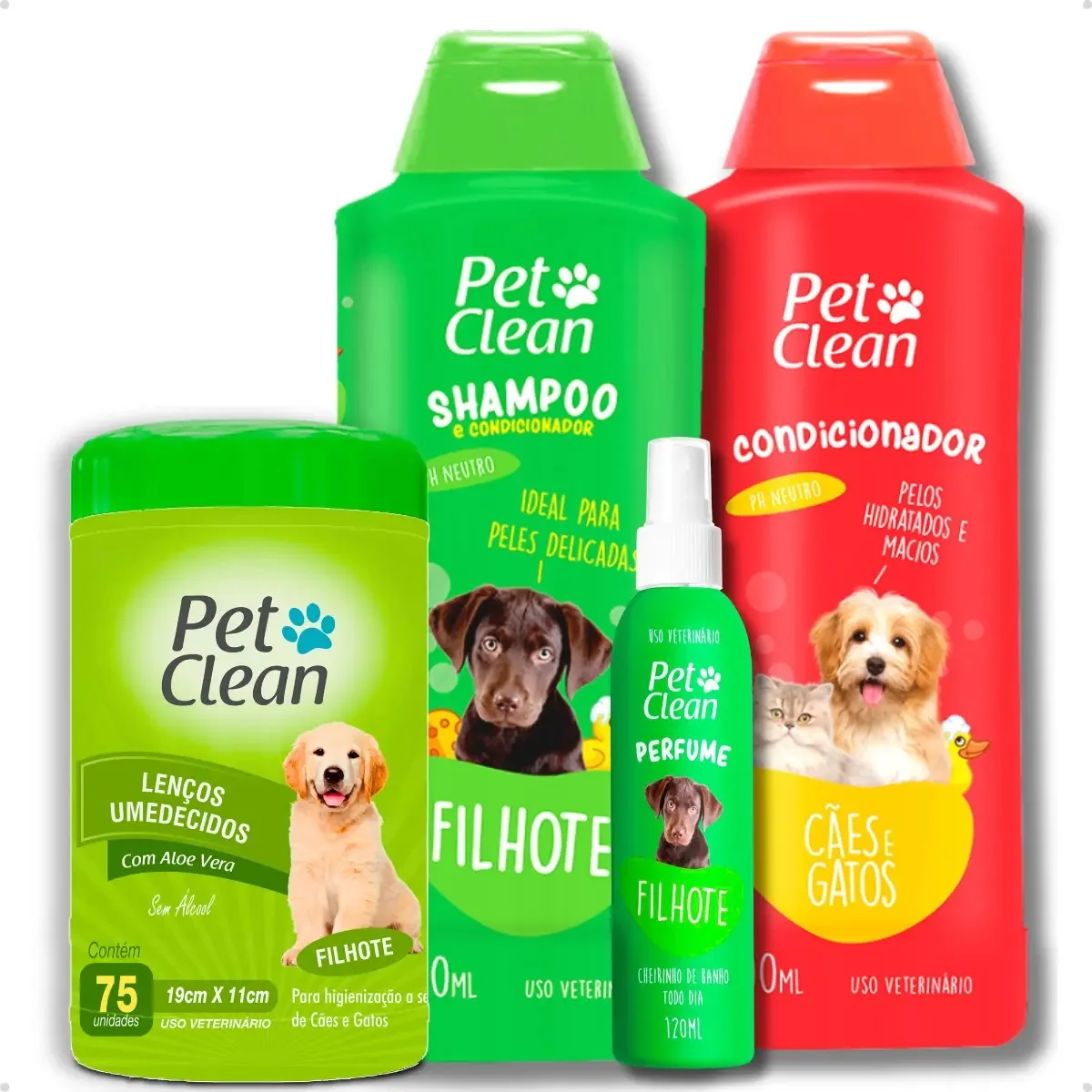 Kit Higiene Filhotes Shampoo, Condicionador, Perfume E Lenço