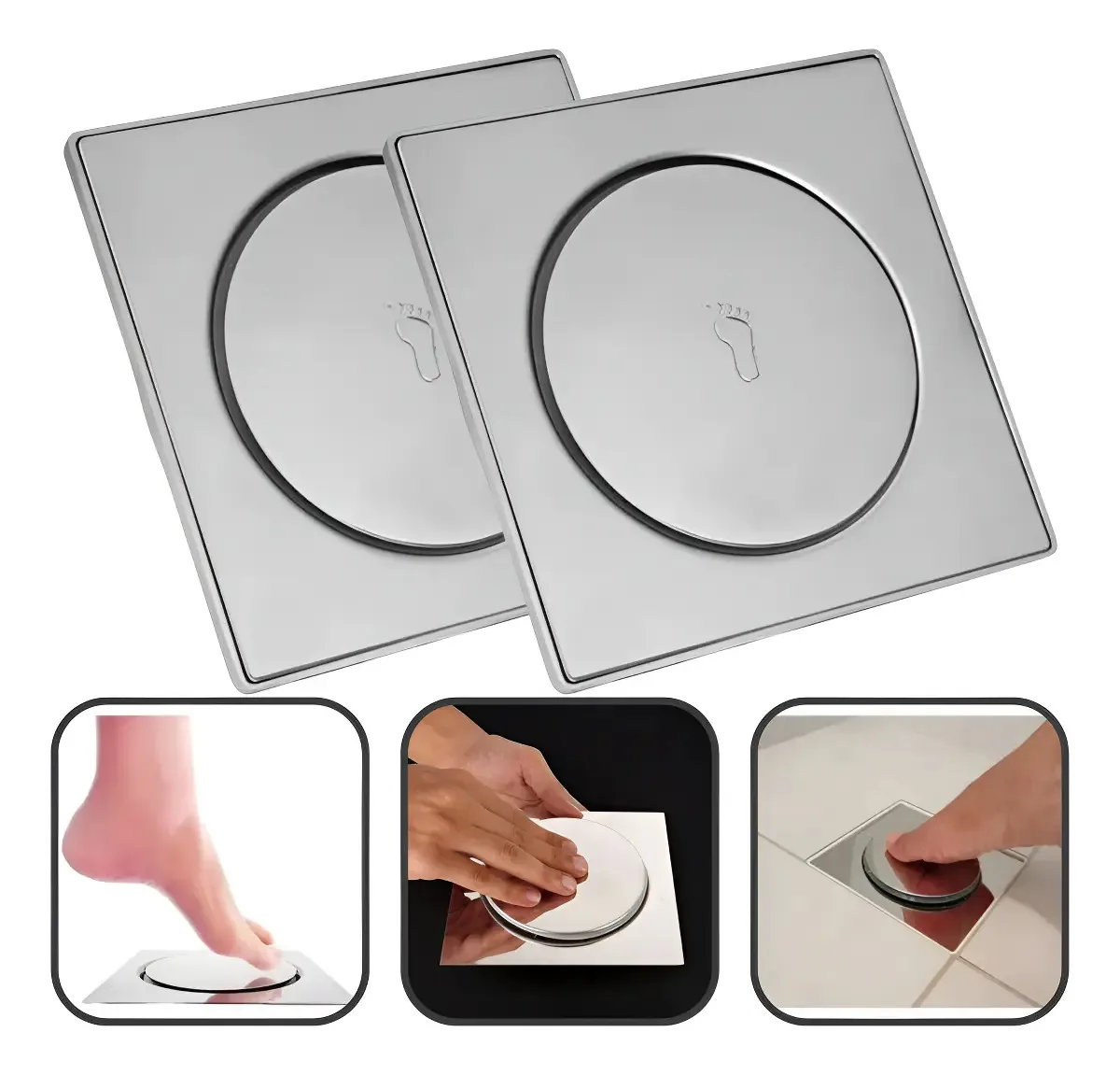 Kit 2 Ralos Inteligentes Click Inox 15x15cm Dami Quadrado Banheiro Box Chuveiro Lavabo Abre E Fecha Com O Pé Anti Odor Mau Cheiro Evita Insetos Baratas Veda Ralo Aço Inoxidável Grelha Acabamento Luxo