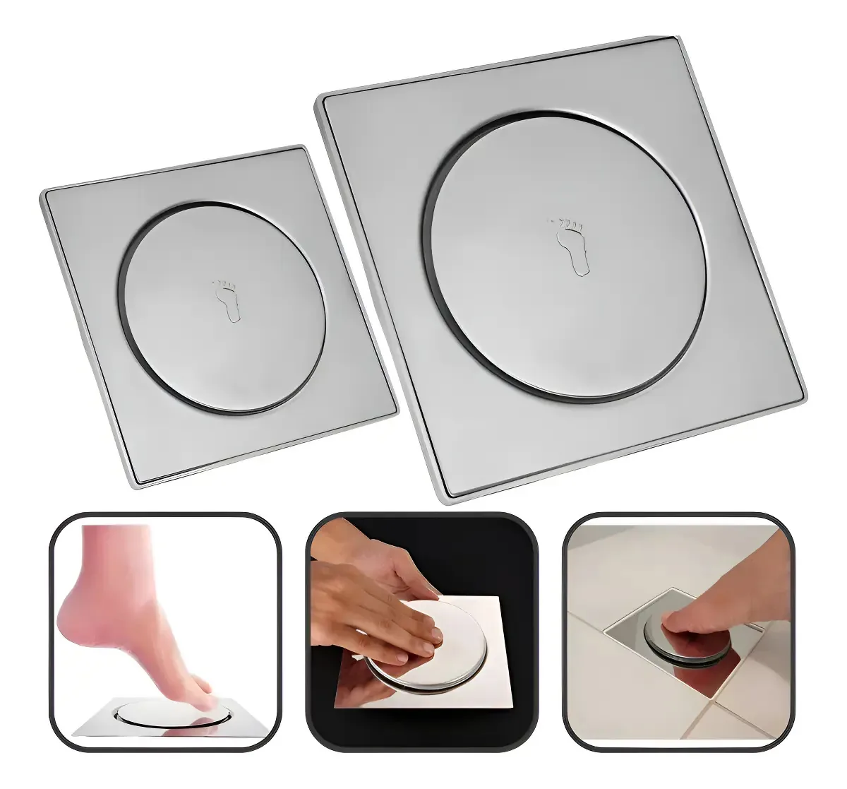Kit 2 Ralos Click 10x10 e 15x15 Inox Dami Inteligente Pop Up Veda Cheiro Anti Odor Anti Insetos Quadrado Para Banheiro Cozinha Lavabo Box Oculto Invisível Premium