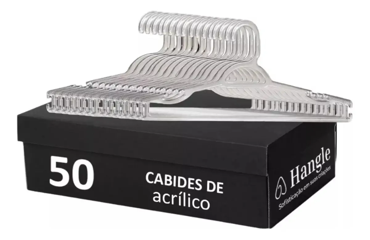 Kit 50 Cabides Acrílico Transparente Hangle 40cm Roupas Adulto