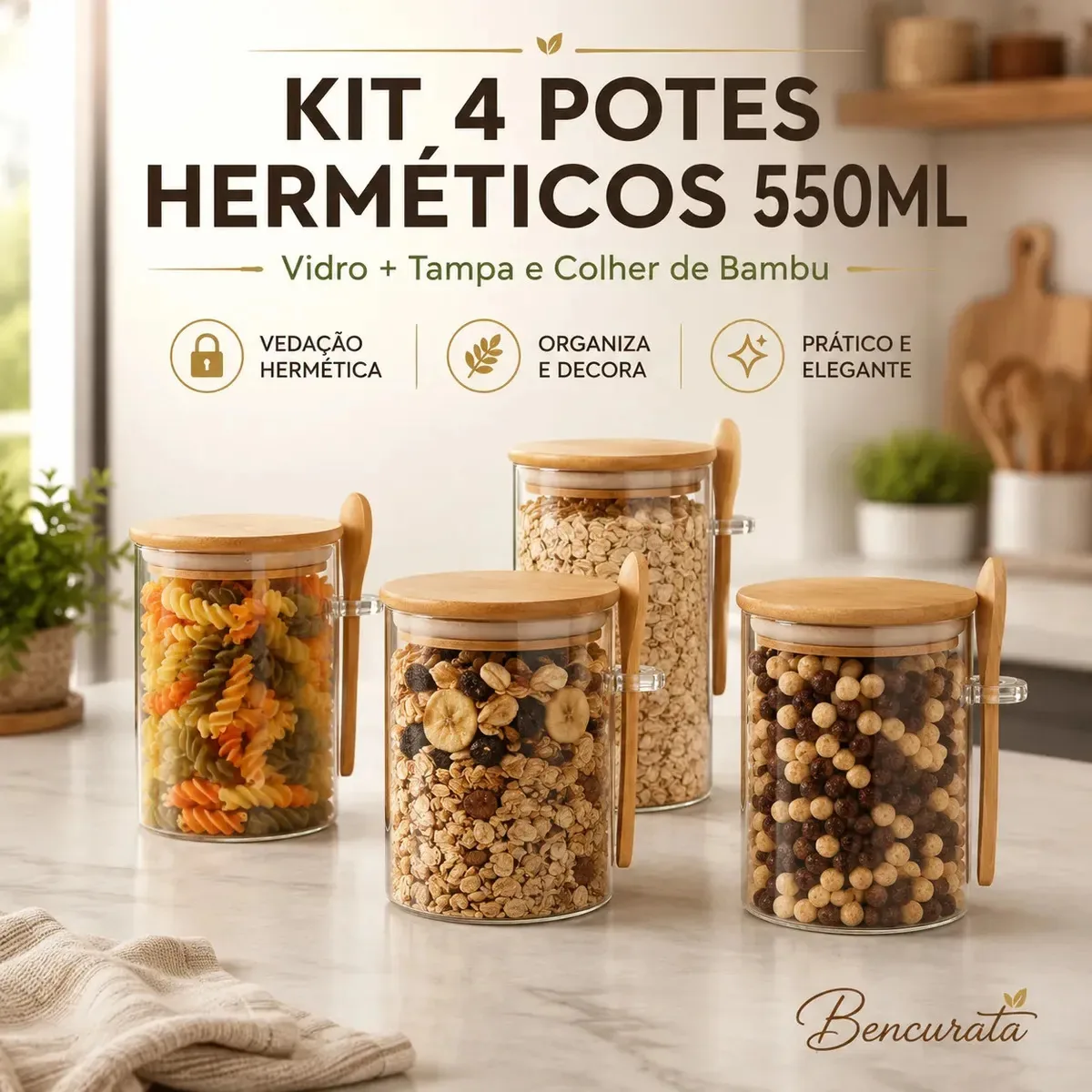 Kit 4 Potes Herméticos de Vidro com Tampa e Colher de Bambu 550ml para Café, Açúcar e Mantimentos de Cozinha Bencurata