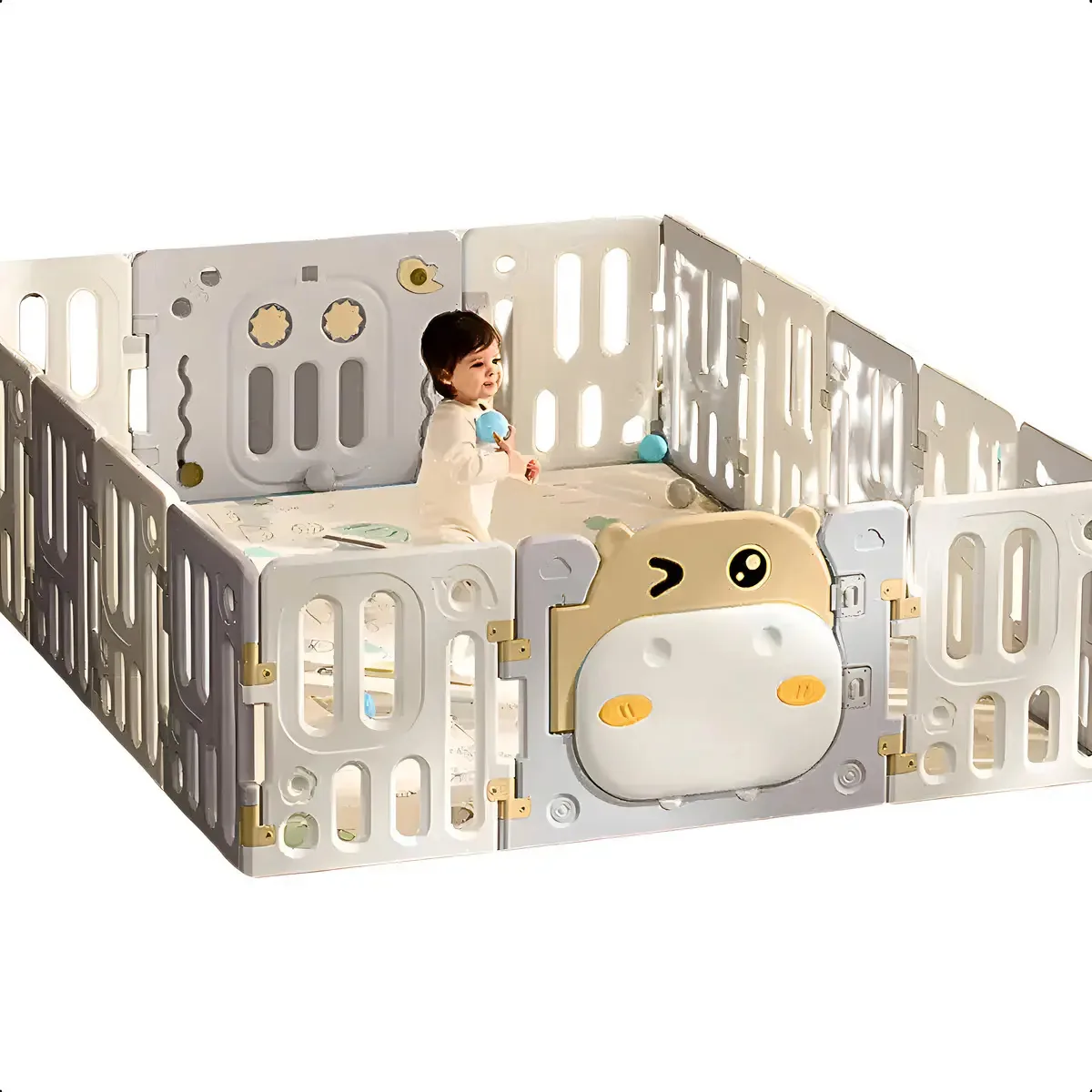 Cercadinho Bebê Portátil Maho Dreams Bege com Hipopótamo - 180x150cm