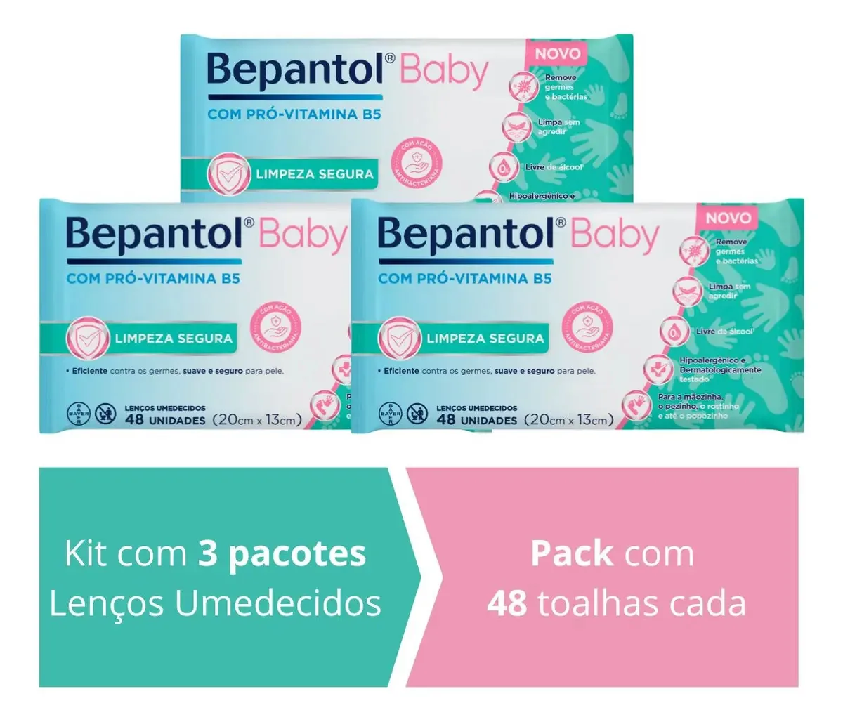 Kit 3 Lenços Umedecidos Proteção Antibac 48un cada Bepantol