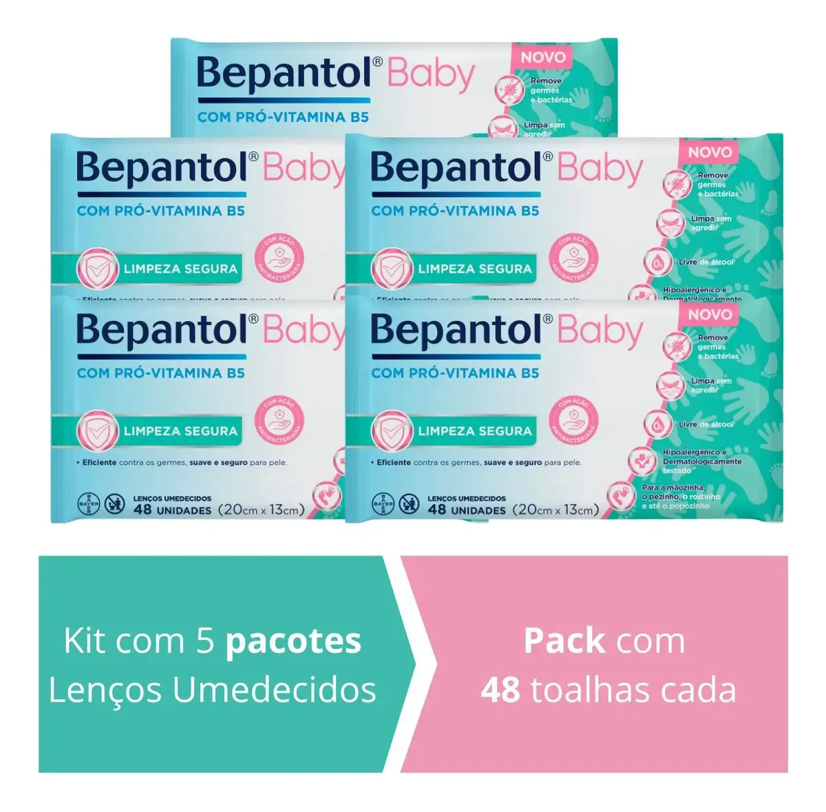 Kit 5 Lencinhos Umedecidos Bebê Antibacteriano 48un Bepantol