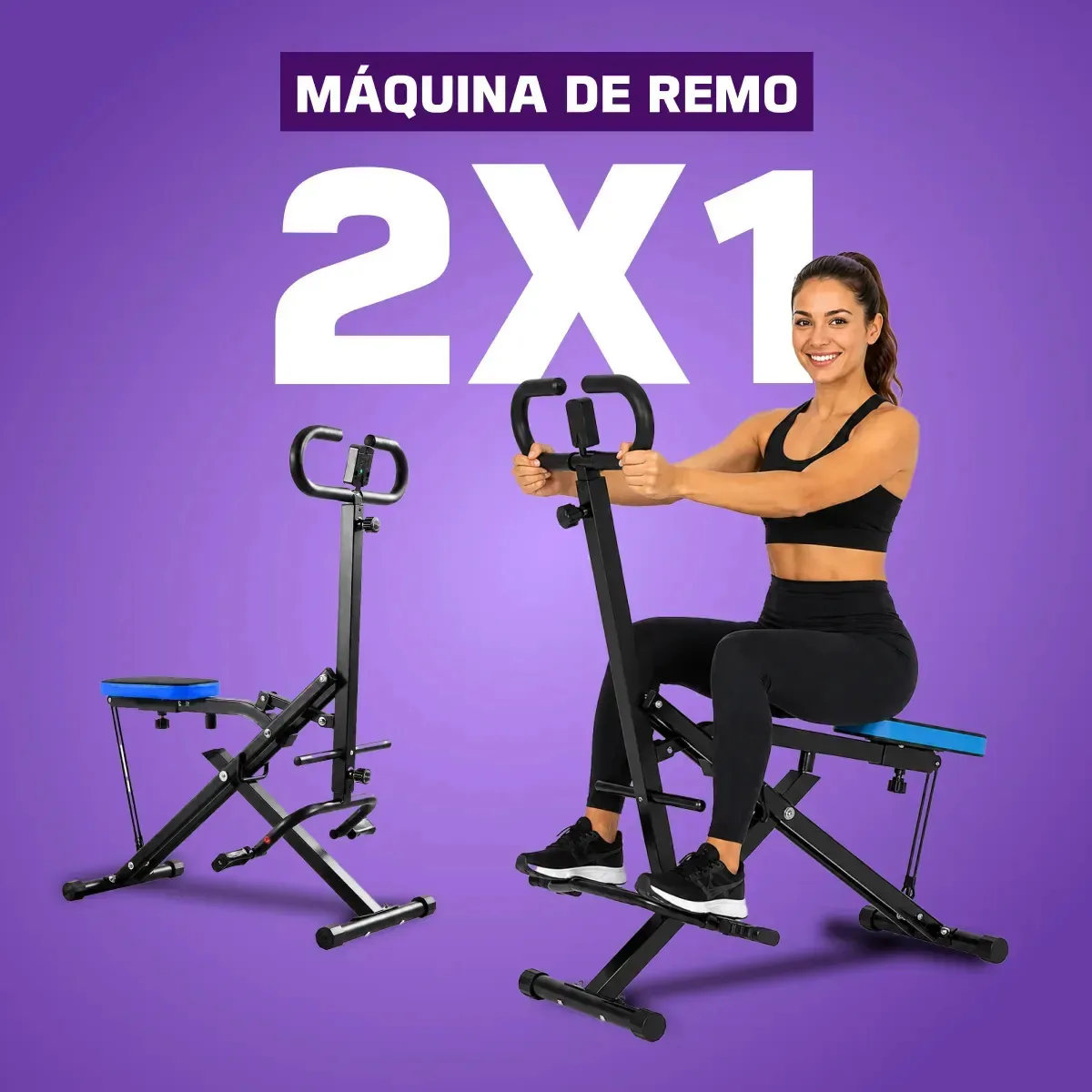 Máquina Remo Agachamento Musculação Fitness 2 em 1 Treino Profissional Dobrável com Monitor LCD e Resistência Ajustável Pluggei Select PluggFit Cor Preto
