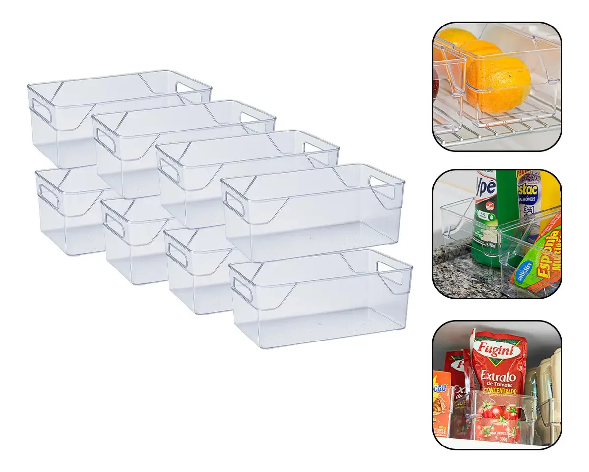 Kit Com 8 Organizadores Acrílico Transparentes Multiuso Para Geladeira, Cozinha, Armário E Despensa