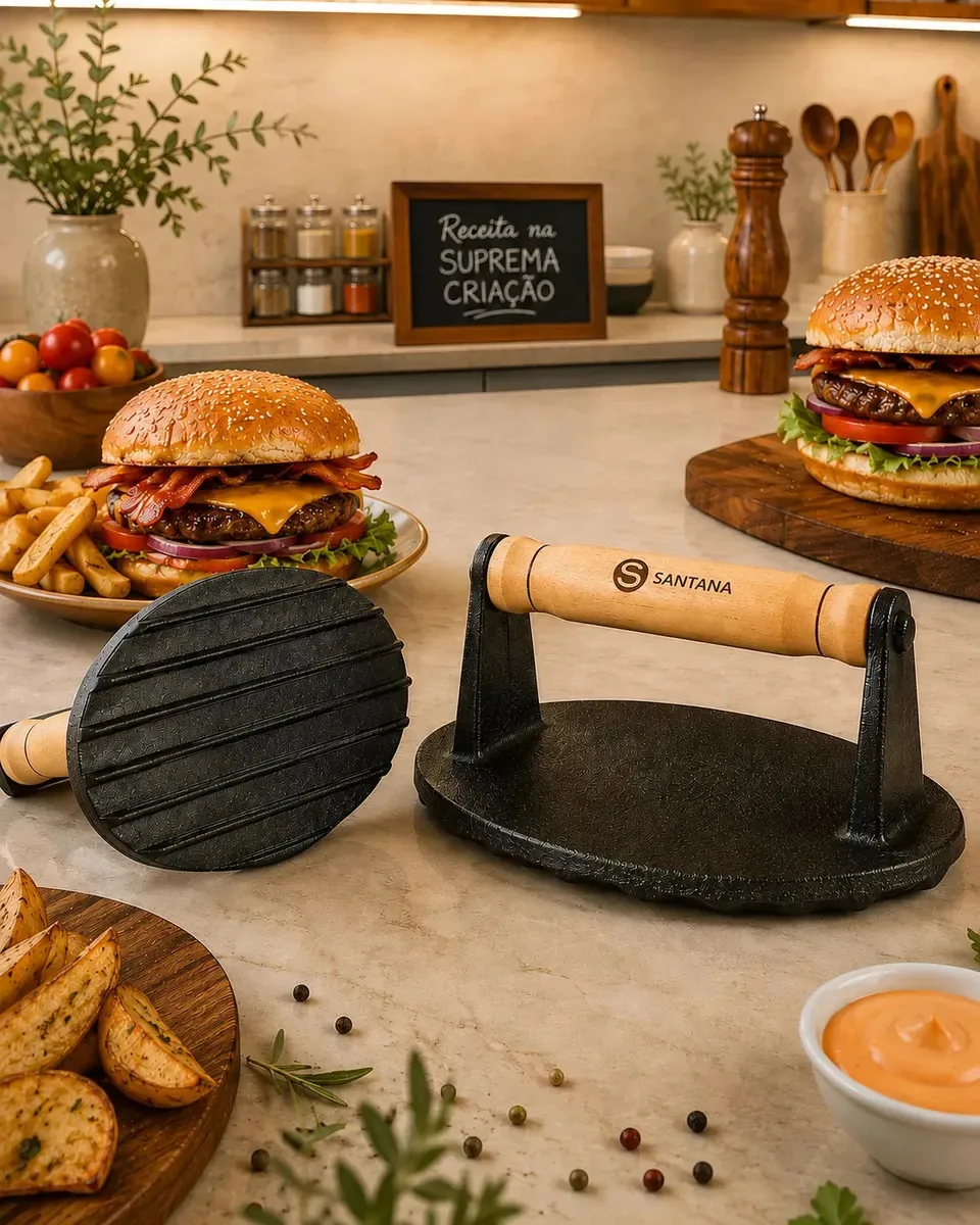 Prensador Amassador Bife Hamburguer Lanche Pão Burguer Ferro Cor Preto