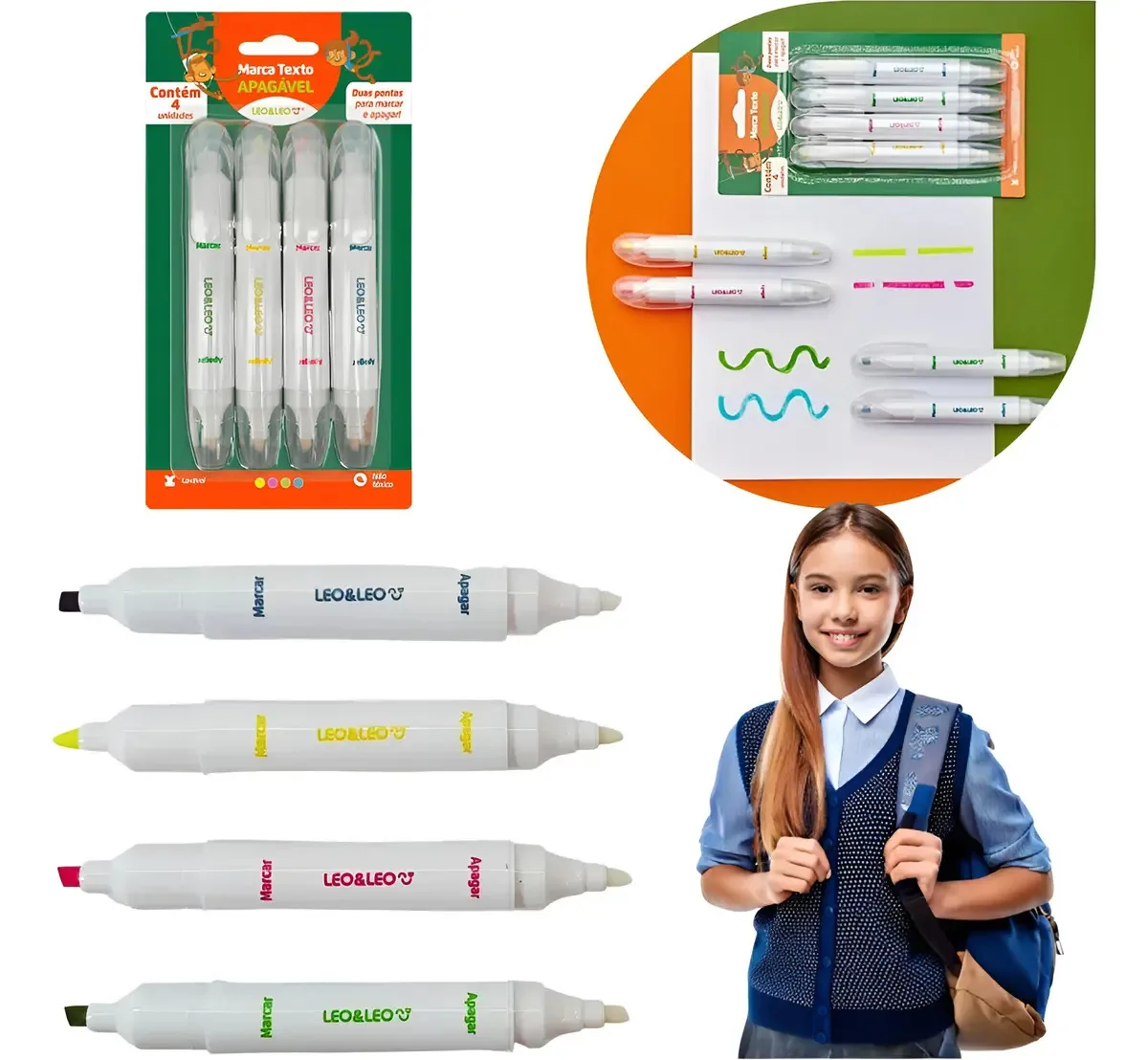 Kit Marca-Texto Leoeleo Apagável Colorido, Com 4 Canetas e Ponta Chanfrada