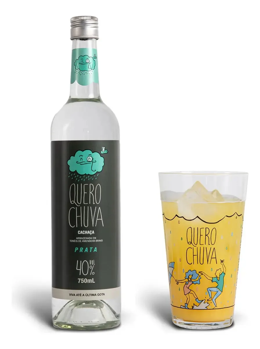 Kit Cachaça Quero Chuva Prata 750ml + Copo Vidro Quero Chuva