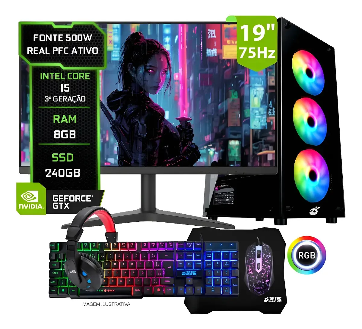 Pc Gamer Completo Setup Ninja Shadow I, Intel Core I5, 8gb Ram, Ssd 240gb, Video 1gb, Monitor 19 , Kit Periféricos