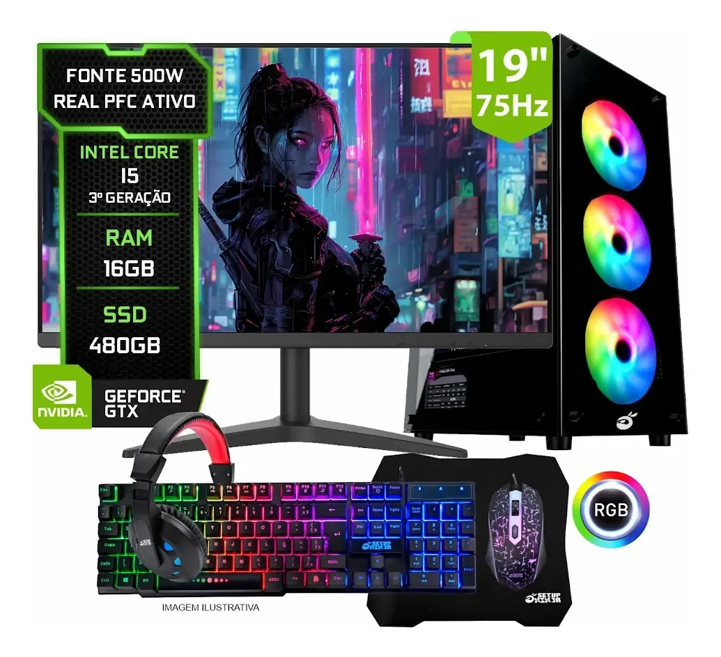 Pc Gamer Completo Setup Ninja Shadow I, Intel Core I5, 16gb Ram, Ssd 480gb, Video 1gb, Monitor 19 , Kit Periféricos