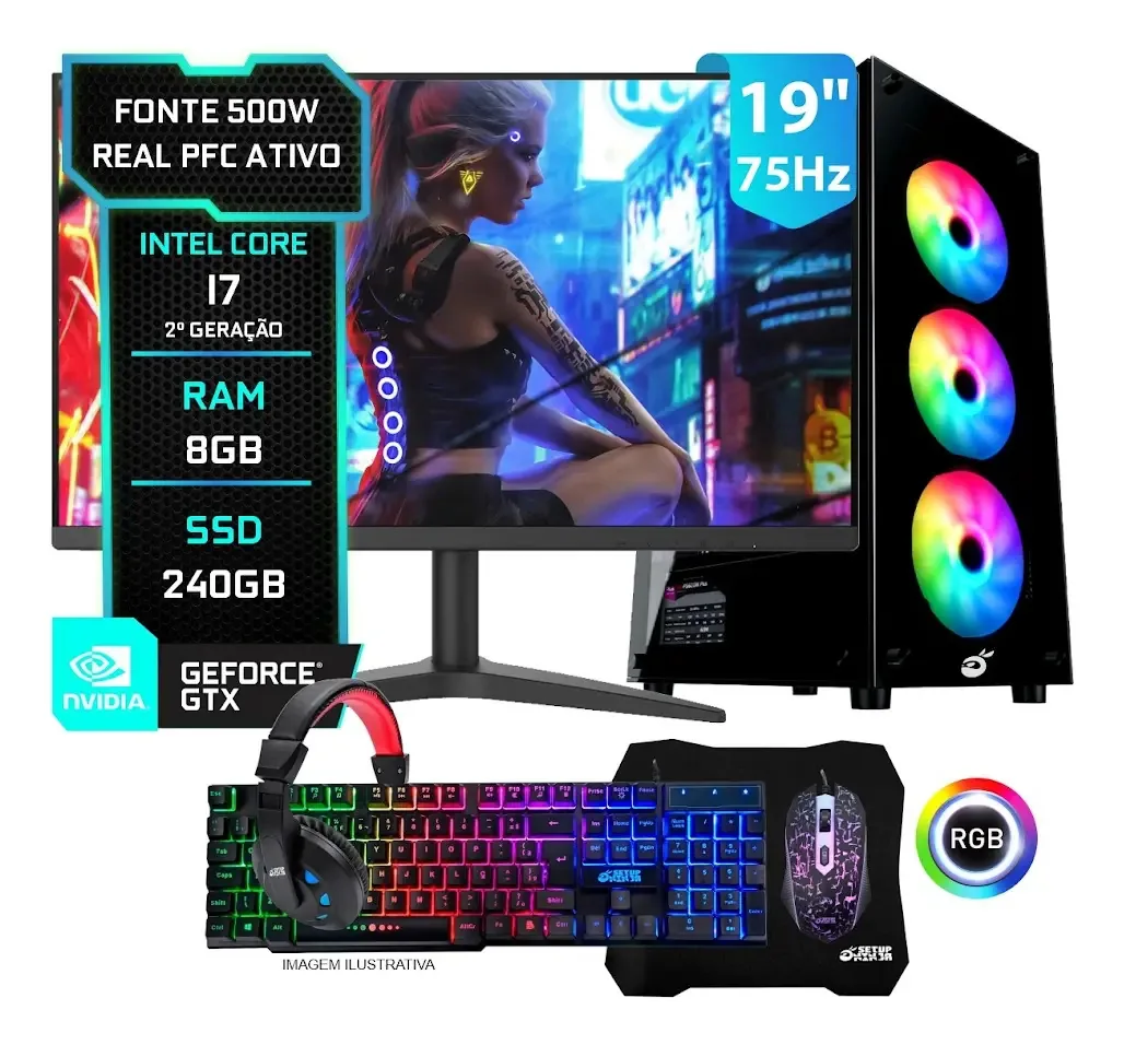 Pc Gamer Completo Setup Ninja Storm I, Intel Core I7, 8gb Ram, Ssd 240gb, Monitor 19 , Kit Periféricos