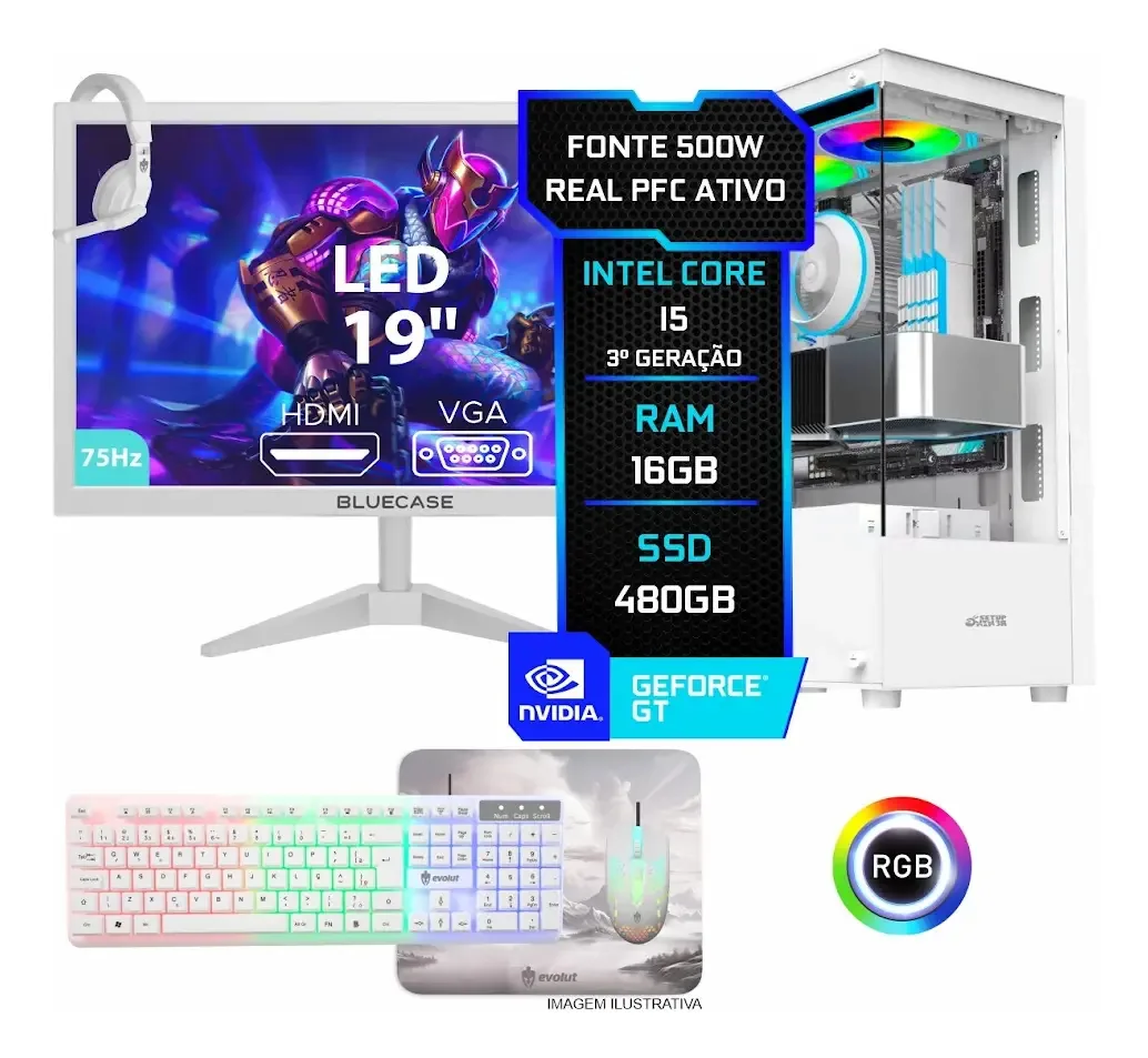 Pc Gamer Completo Setup Ninja Nordic I, Intel Core I5, 16gb Ram, Ssd 480gb, Vídeo 1gb, Monitor 19 , Kit Periféricos