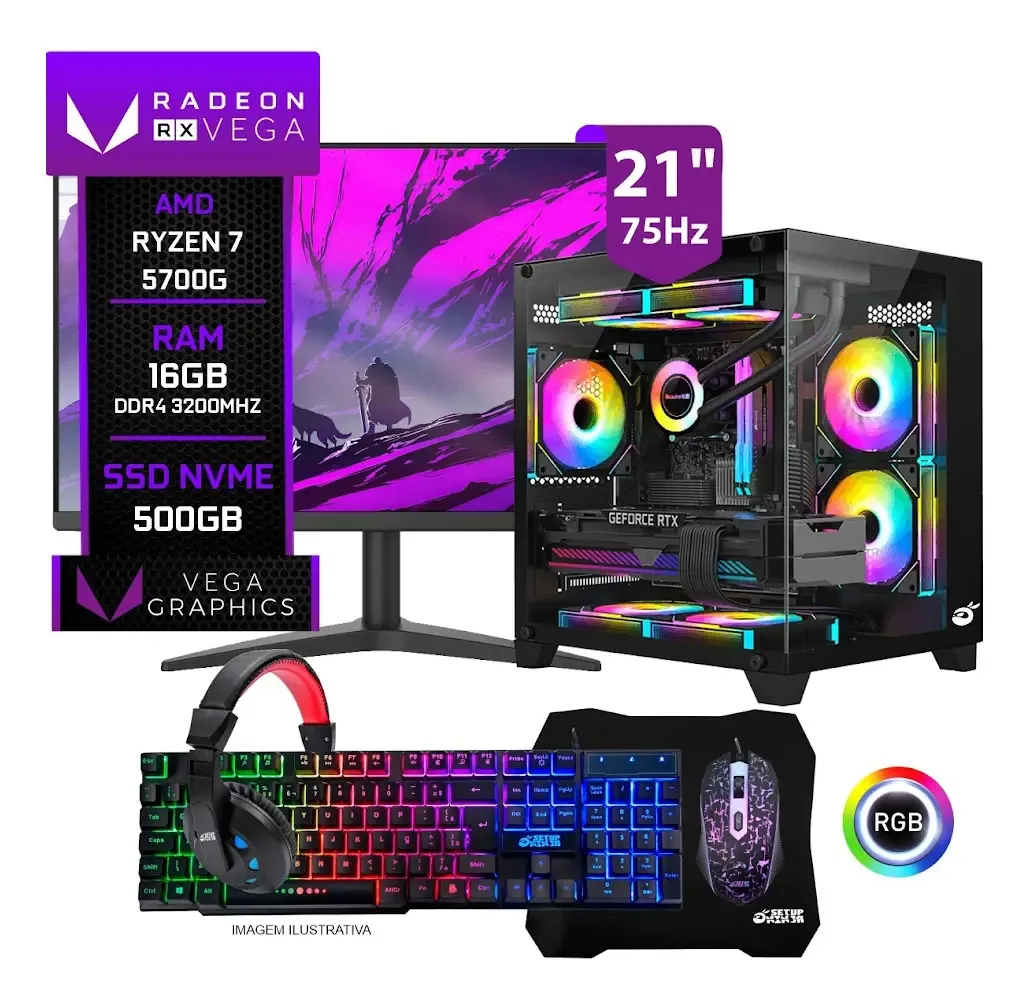 Pc Gamer Completo Setup Ninja Lexus I, Amd Ryzen 7 5700g, 16gb Ddr4, Ssd M.2 500gb, Monitor 21 , Kit Periféricos