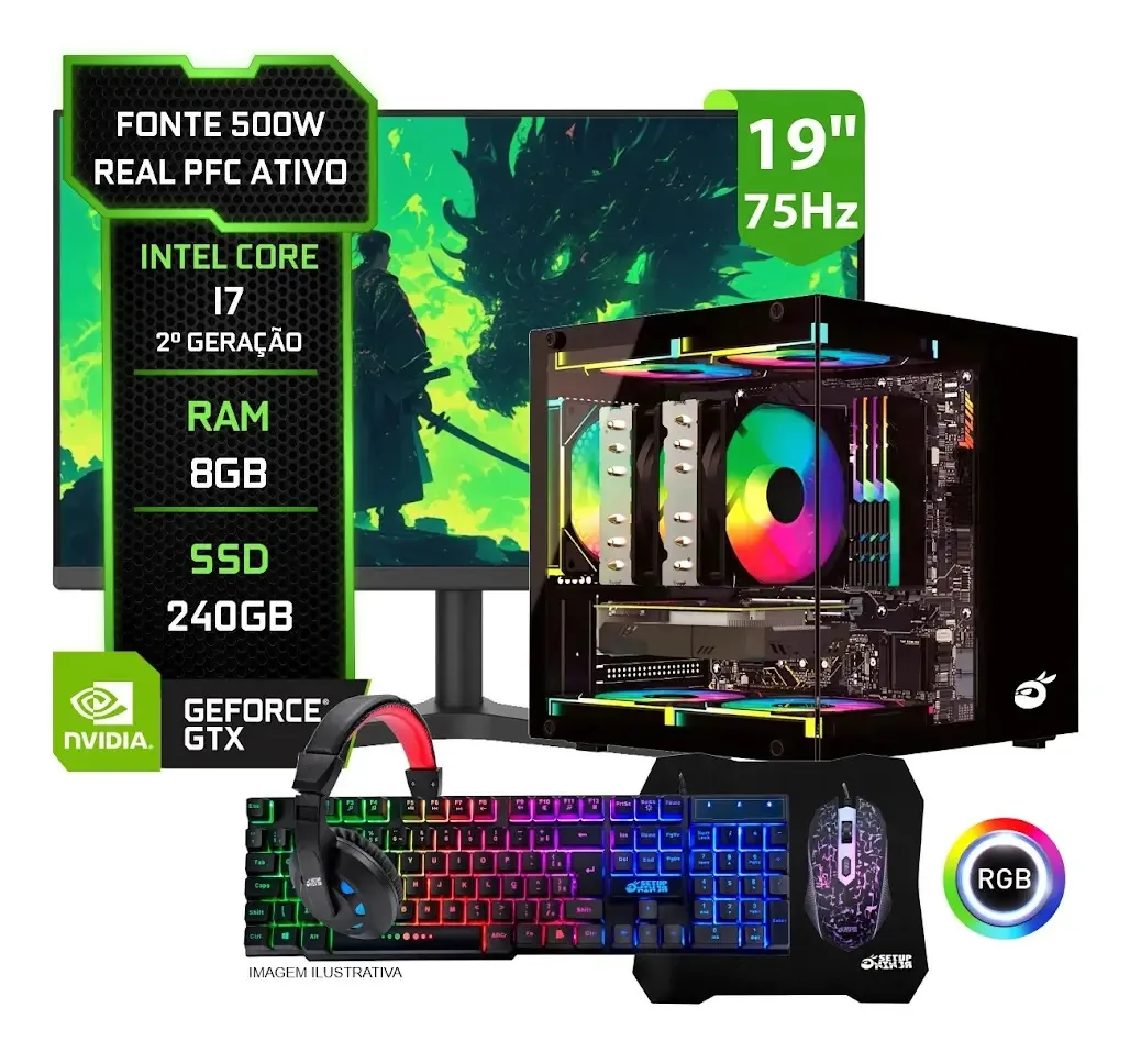 Pc Gamer Completo Setup Ninja Revenger I, Intel Core I7, 8gb Ram, Ssd 240gb, Vídeo 1gb, Monitor 19 , Kit Periféricos