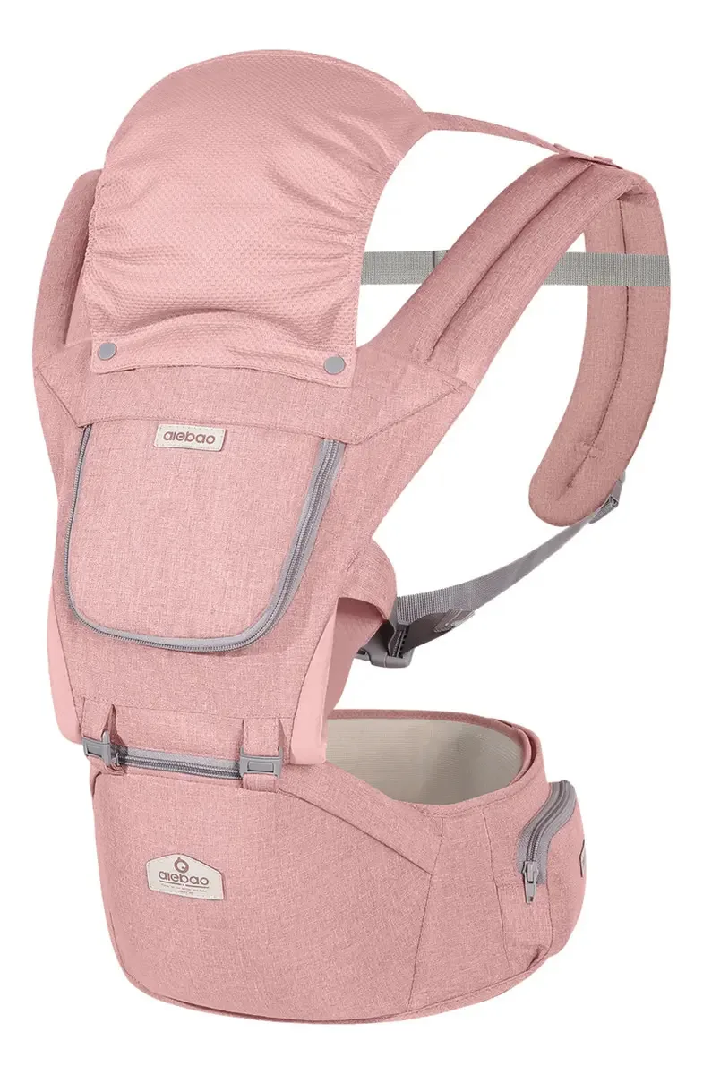 Canguru Ergonômico Aiebao Rosa Bolsa Assento Bebê com Capuz e Bolsos