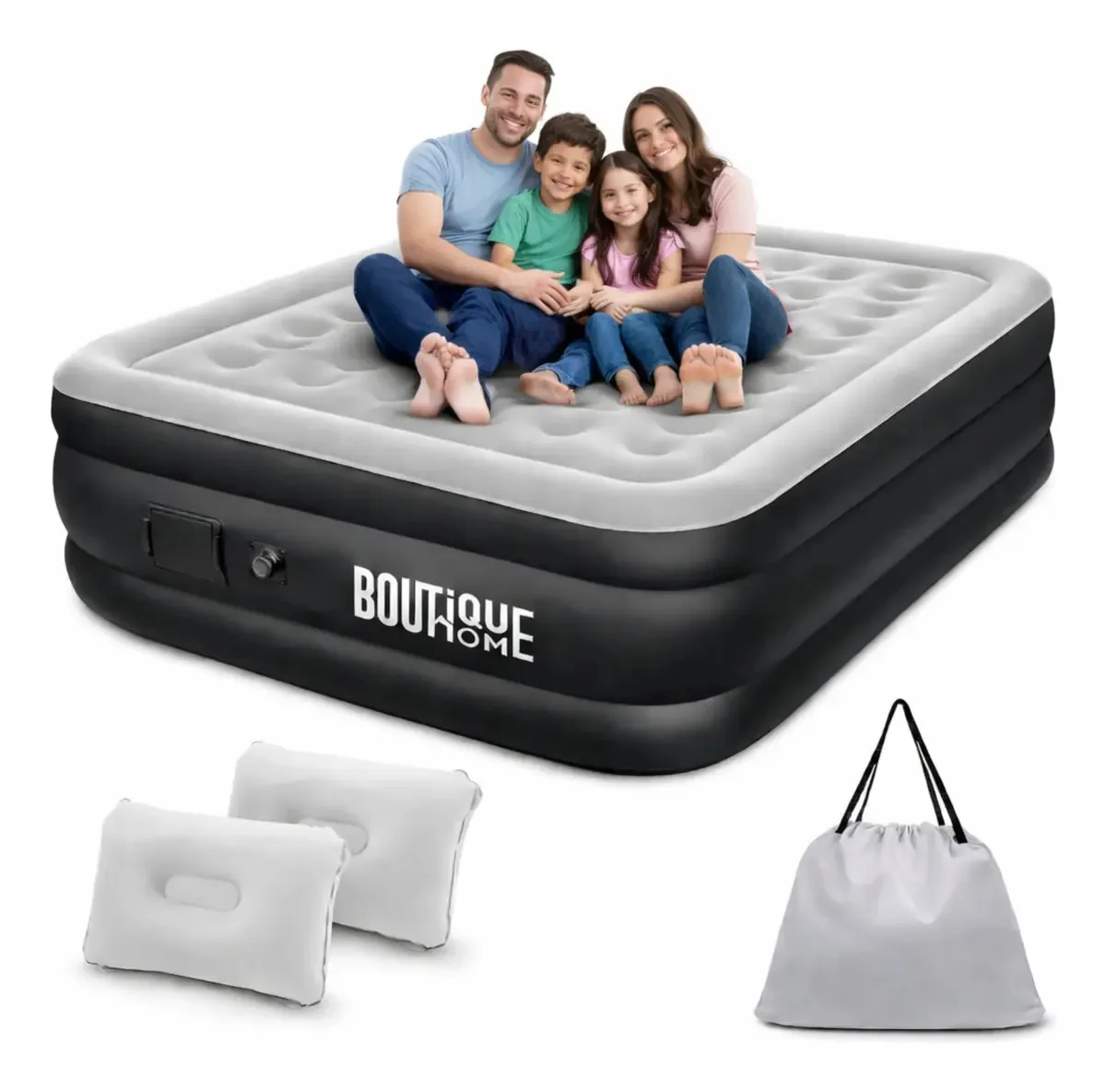 Colchão Inflável Casal Queen Elétrico Colchão Inflável Duplo Com Bomba Elétrica Recarregável Integrada Flocado Resistente 300kg Com 2 Travesseiros Inflável Camping Casa Boutique Home