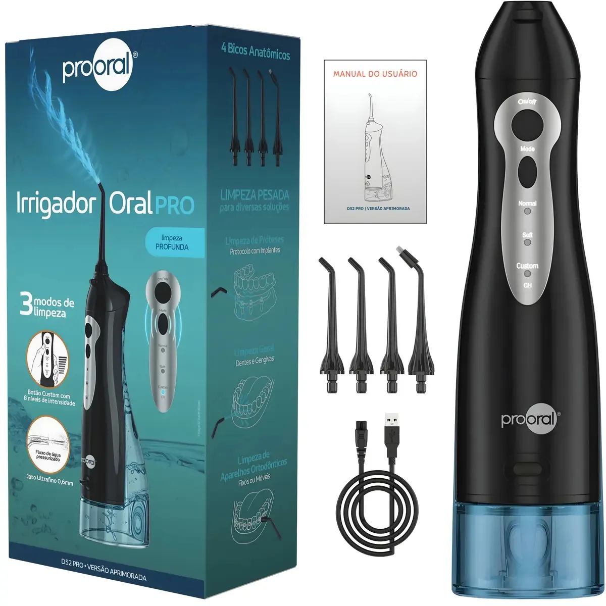 Irrigador Oral Prooral D52 Pro Portátil Recarregável Usb Com 4 Bicos Para Aparelho Dentário Implantes E Prótese Higiene Bucal Profunda