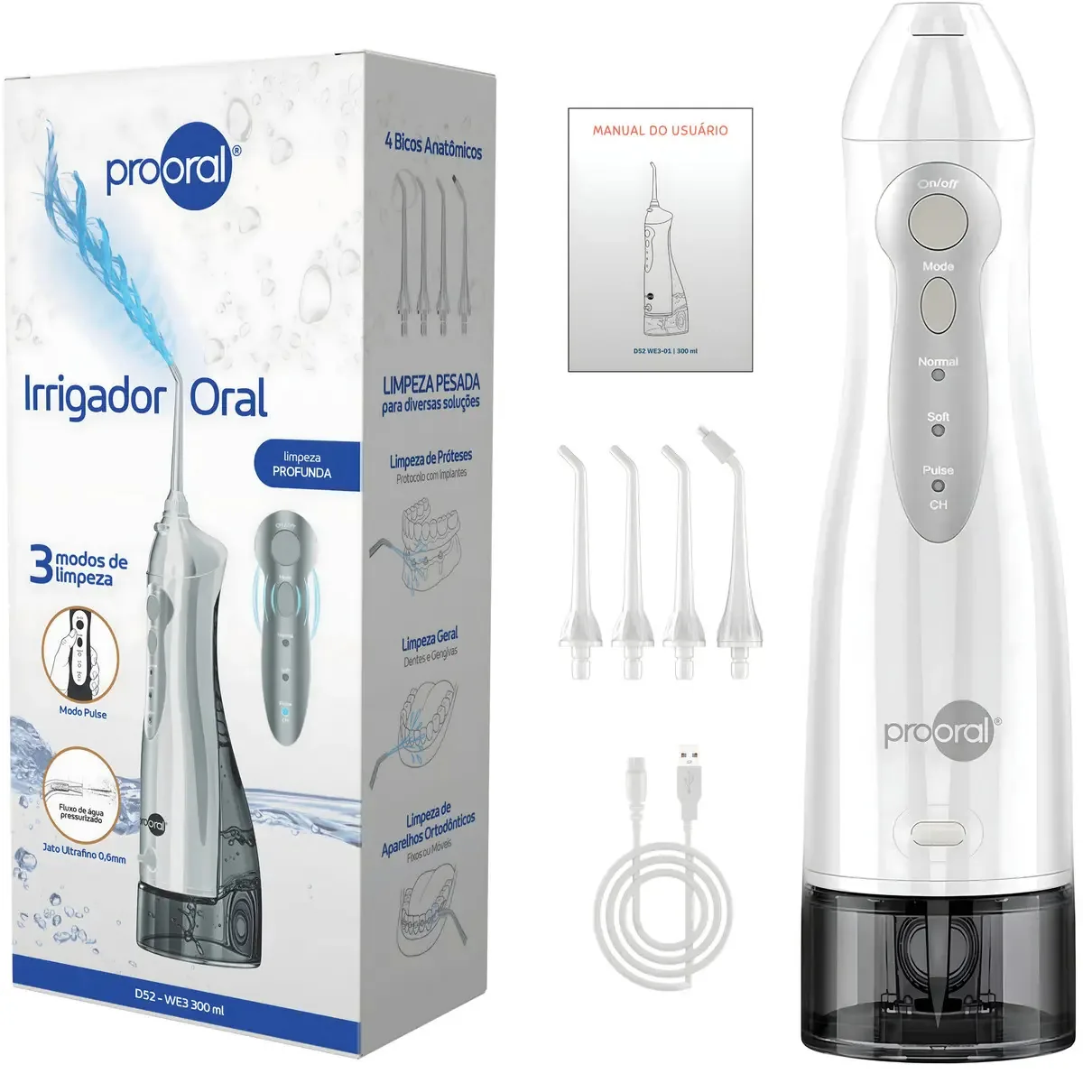 Irrigador Oral Prooral D52 WE3 300ml Portátil Recarregável Usb Com 4 Bicos Para Aparelho Dentário Implantes E Prótese Higiene Bucal Profunda