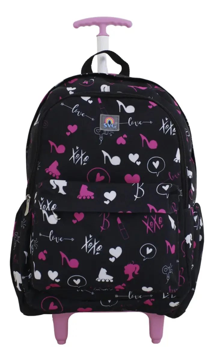 Mochila Escolar SVG com Rodinhas Feminina Preto 44cm Boneca Juvenil