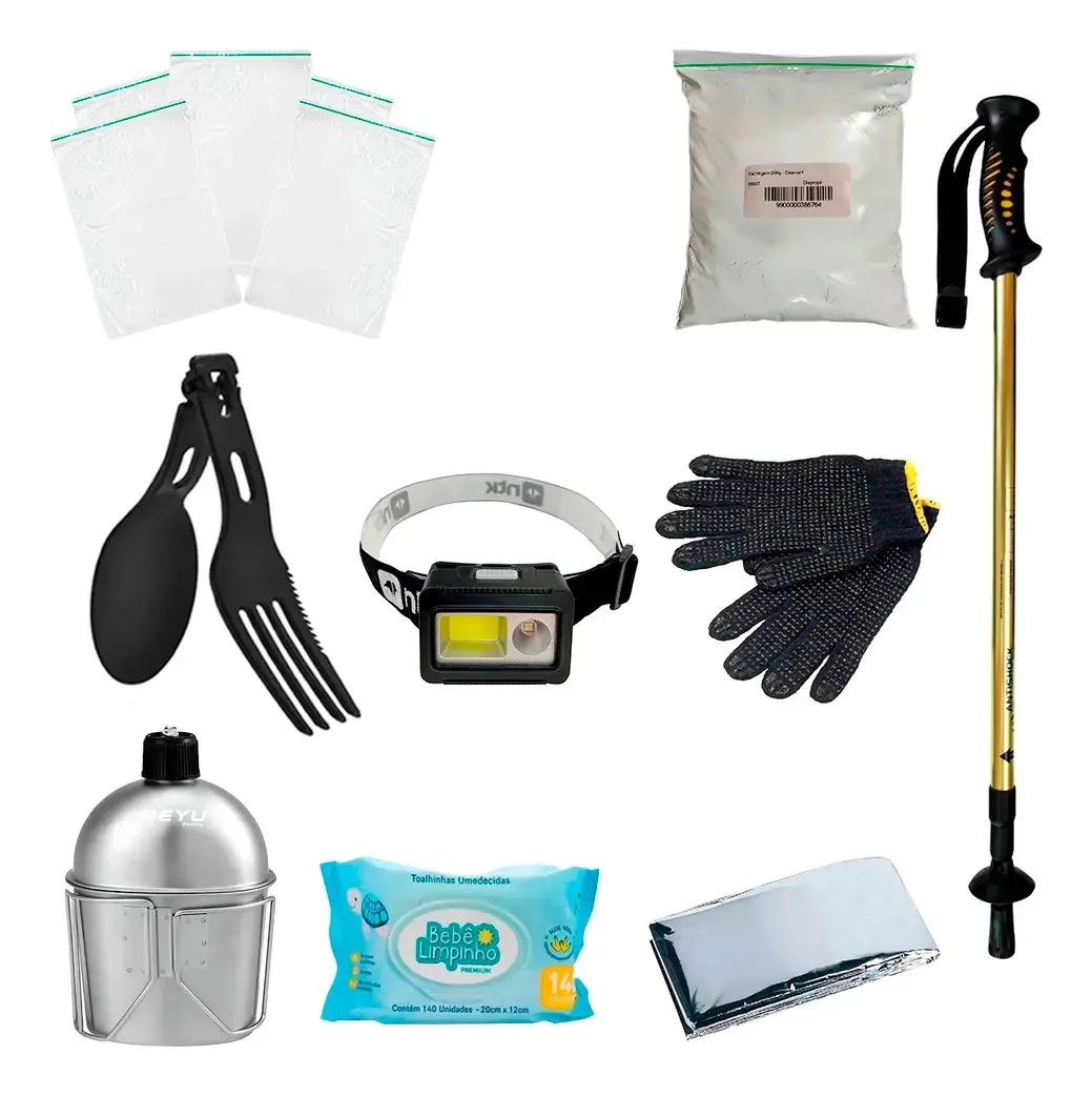 Kit Ziplock + Cantil + Lanterna + Lenço +bastão + Acessórios