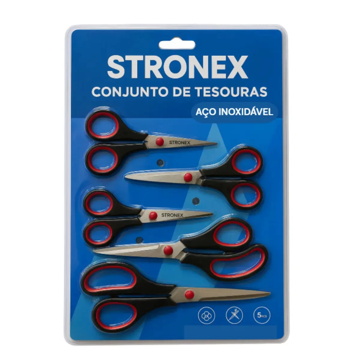 Kit 5 Tesouras Stronex Multifuncional Aço Inoxidável Multiuso Escola e Escritório