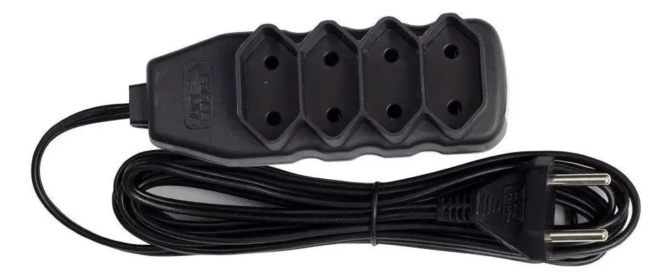Extensão Elétrica Bipolar Slim Preta Force Line com 4 Tomadas e 3 Metros de Cabo