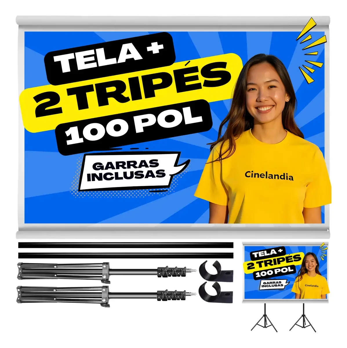 Tela de Projeção Mega Telas 100" com Tripé, Formato 16:9 para Projetor