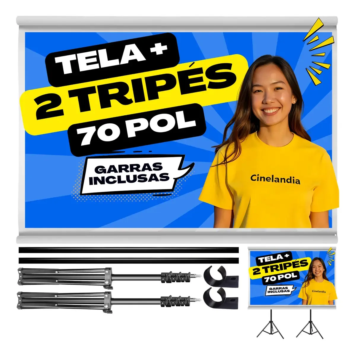 Tela de Projeção 70" com Tripé 2 Metros 16:9 LED LCD 4K Mega Telas