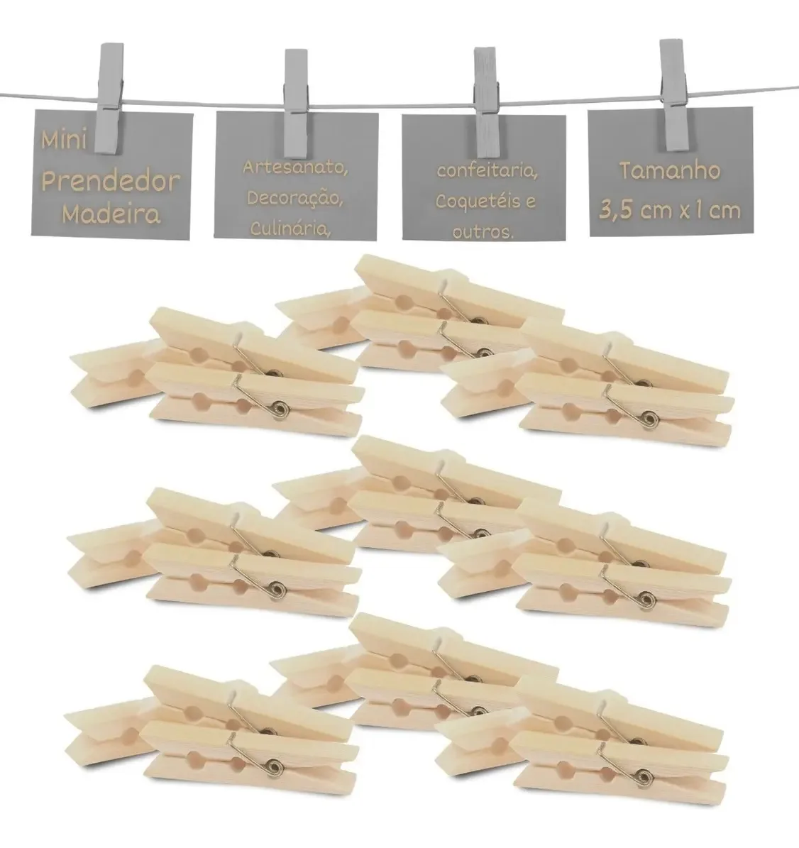 Mini Prendedores Madeira Natural 3,5cm 200 Unidades Megagift
