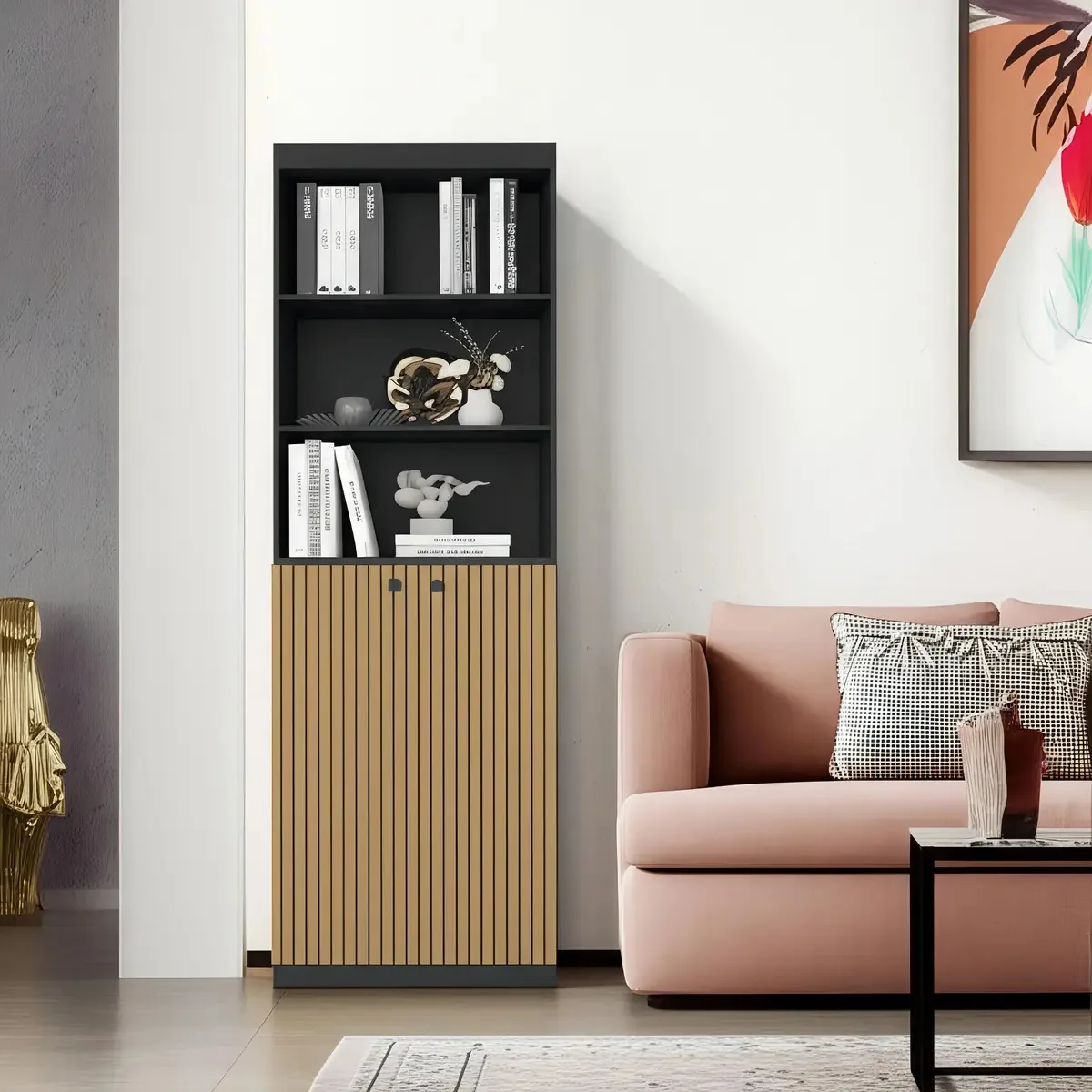 Livreiro Organizador Escritório Estante Para Livros Com Portas E Prateleiras Gold luxo Modulado cor preto Ripado
