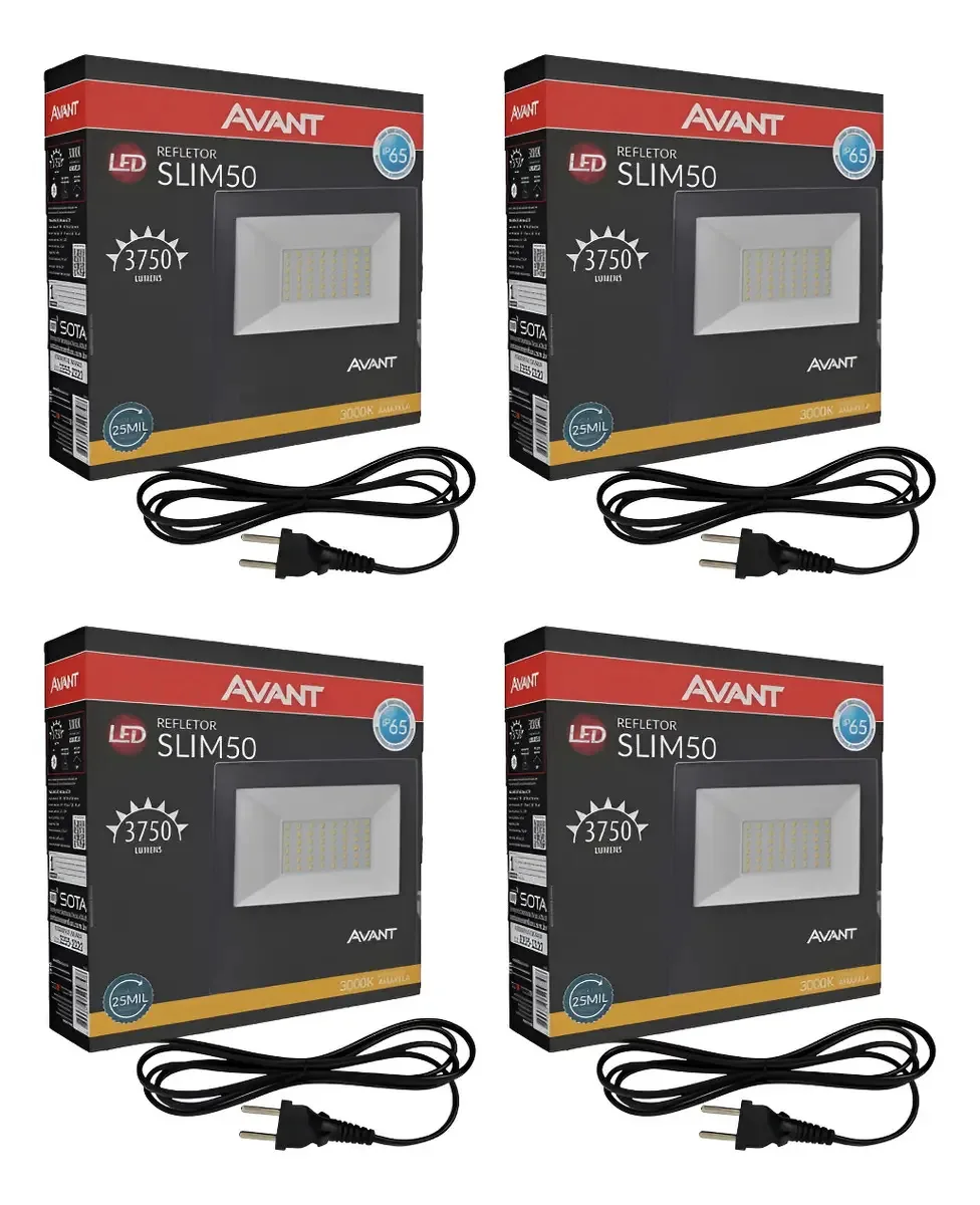 4x Refletores Slim Avant 50w Luz Branco Quente Com Tomada