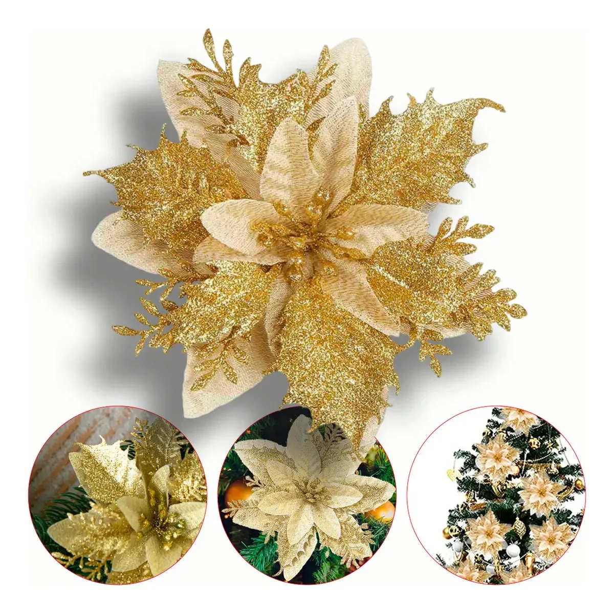 Kit 24 Flores Douradas Enfeite Natal P/ Árvore Decoração Artificial Casa Uno