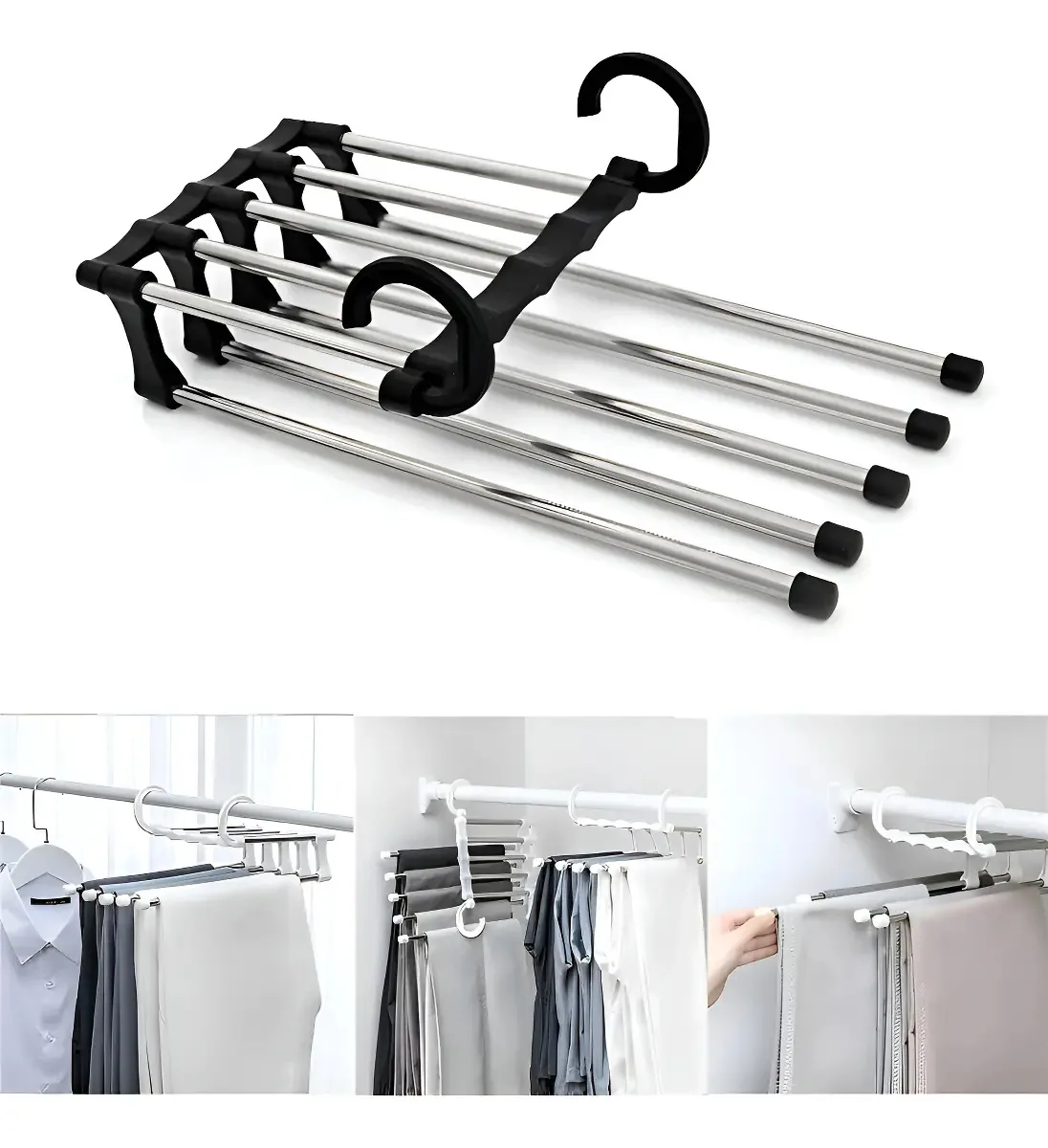 Cabide Multifuncional Inox Preto Zip Home Para Calças Antiderrapante
