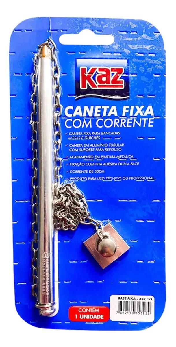 Caneta esferográfica Kaz Aluminio Fixa com Corrente 1.0mm Azul para Balcão
