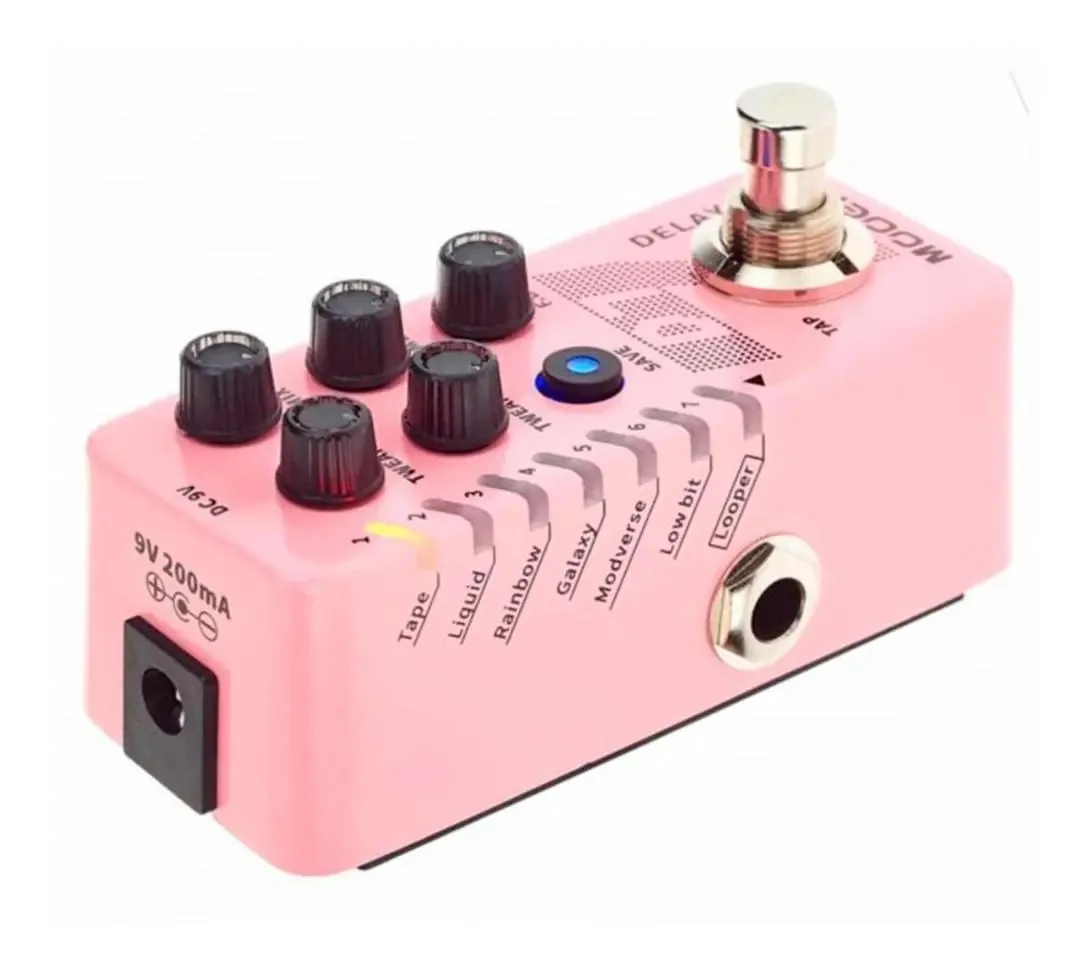 Pedal Mooer D7 Delay e Looper Digital para Guitarra Rosa c/ 6 Efeitos