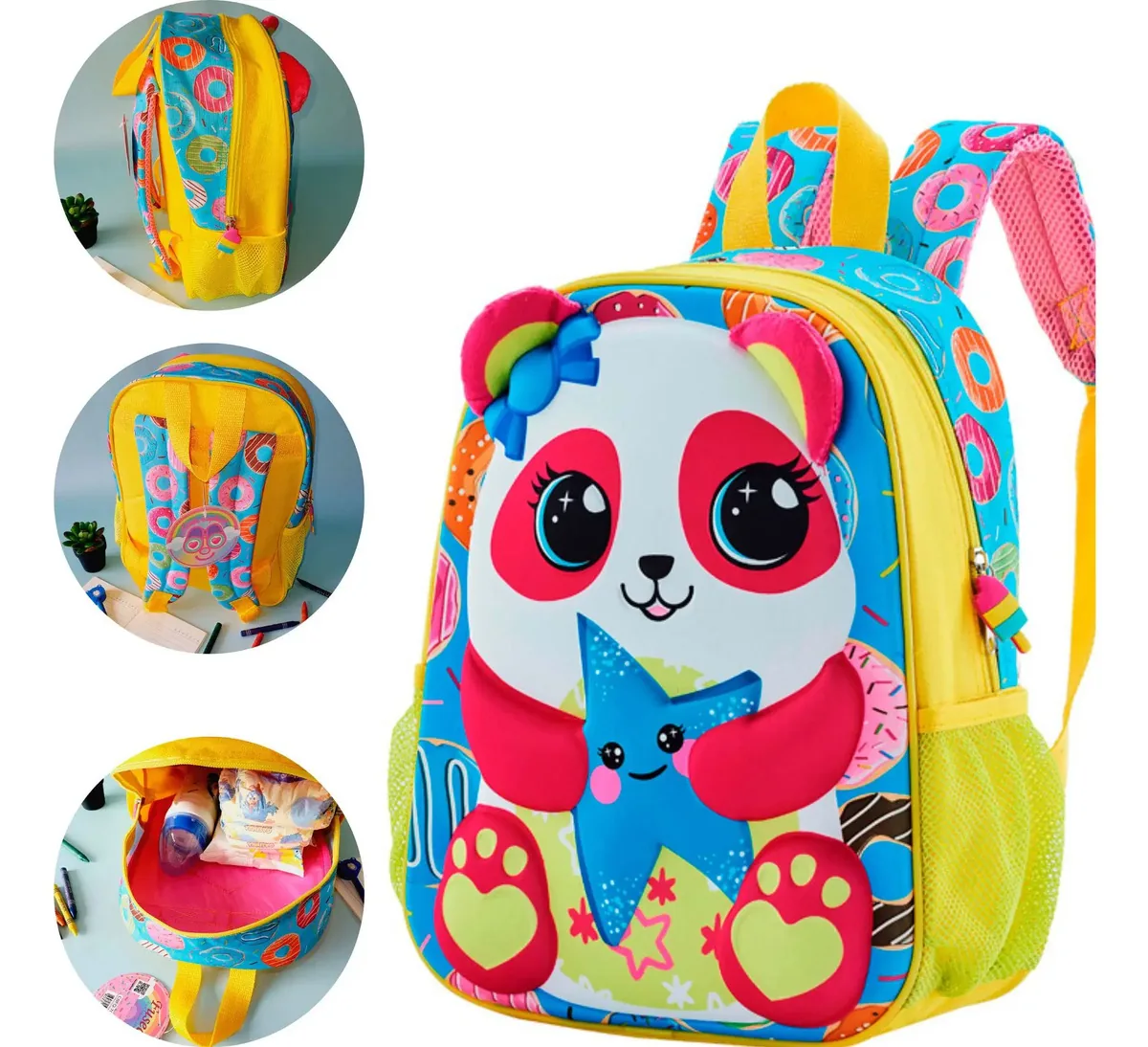 Mochila Escolar De Costas Menina Infantil escolar Pequena Cor Amarelo Desenho do tecido Panda