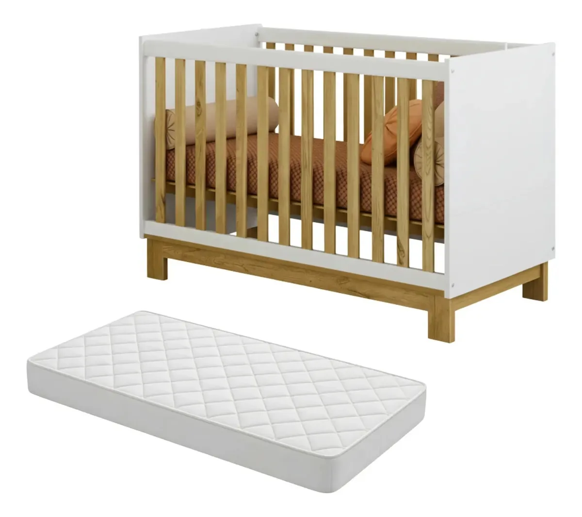 Berço Americano 2 Em 1 Vira Mini Cama Para Quarto Do Bebê Com Colchão Cor Branco/nature - Blue Moby