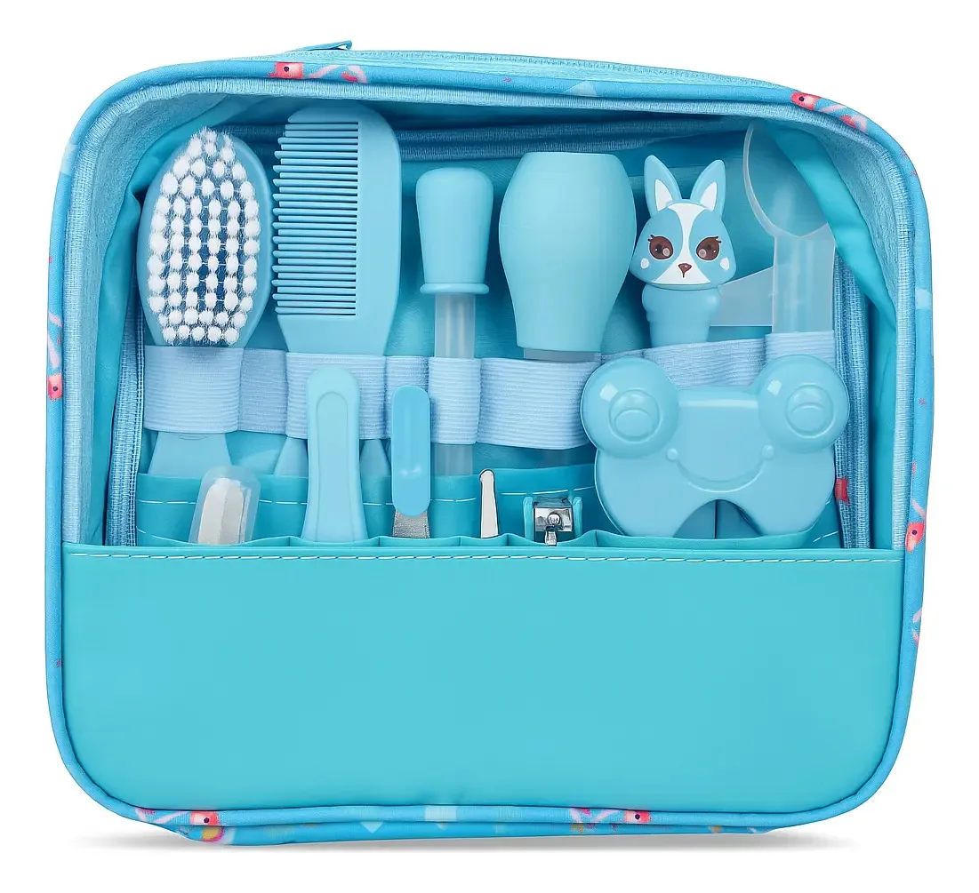 Kit Higiene Cuidados Saúde de Beleza Do Bebê Recém Nascido 12 Peças Com Nécessaire Azul