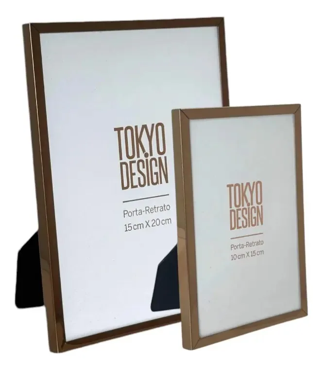 Kit 2 Porta Retratos Luxe Aço Inox e Vidro 10x15cm e 15x20cm Rose Gold