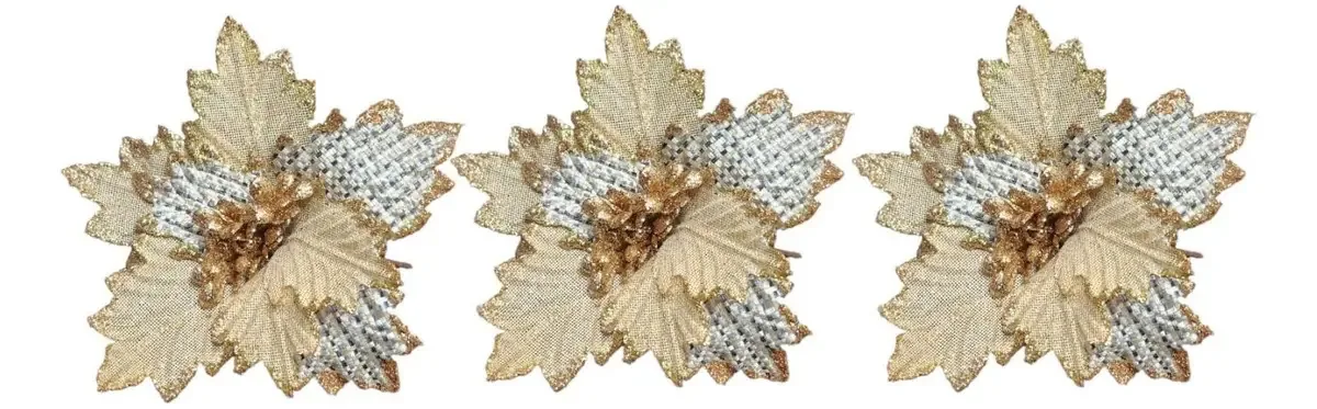 Flor de Natal Dourada D'Presentes para Árvore com Glitter e Palha Telada